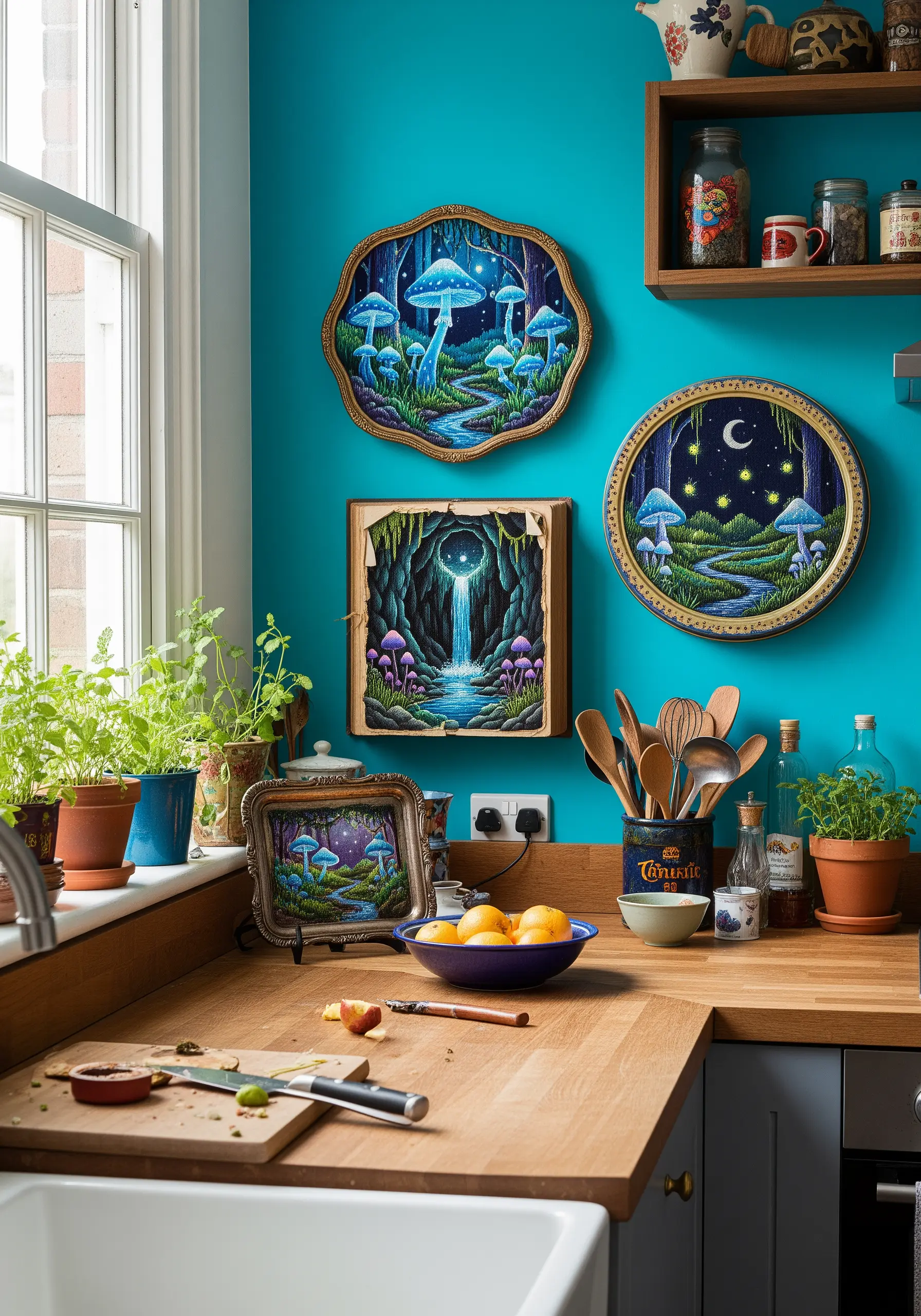 A collection of intricately framed embroideries depicting magical, glowing blue mushroom landscapes.