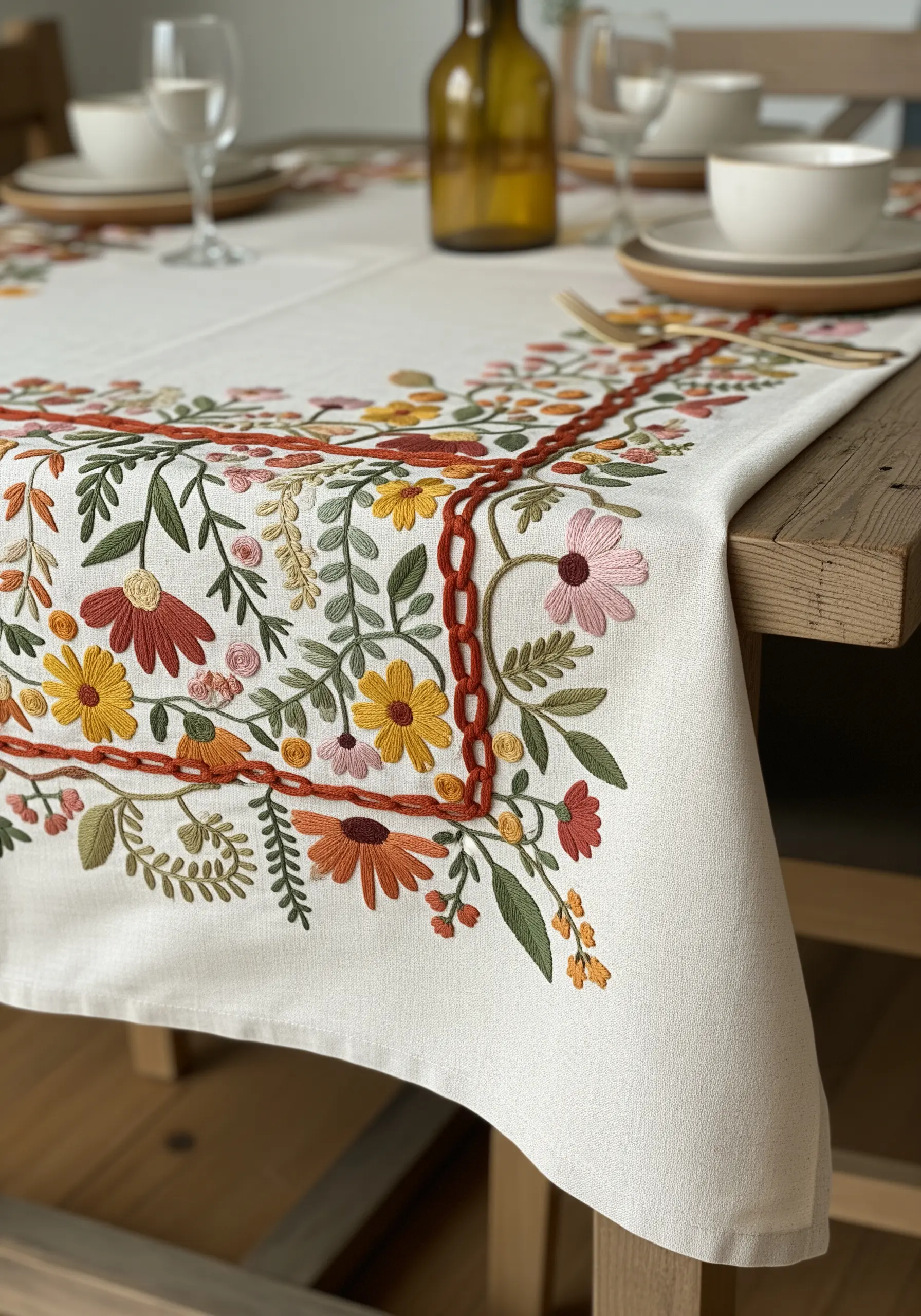 Close-up of a floral embroidered border with a chain stitch frame on a white tablecloth.