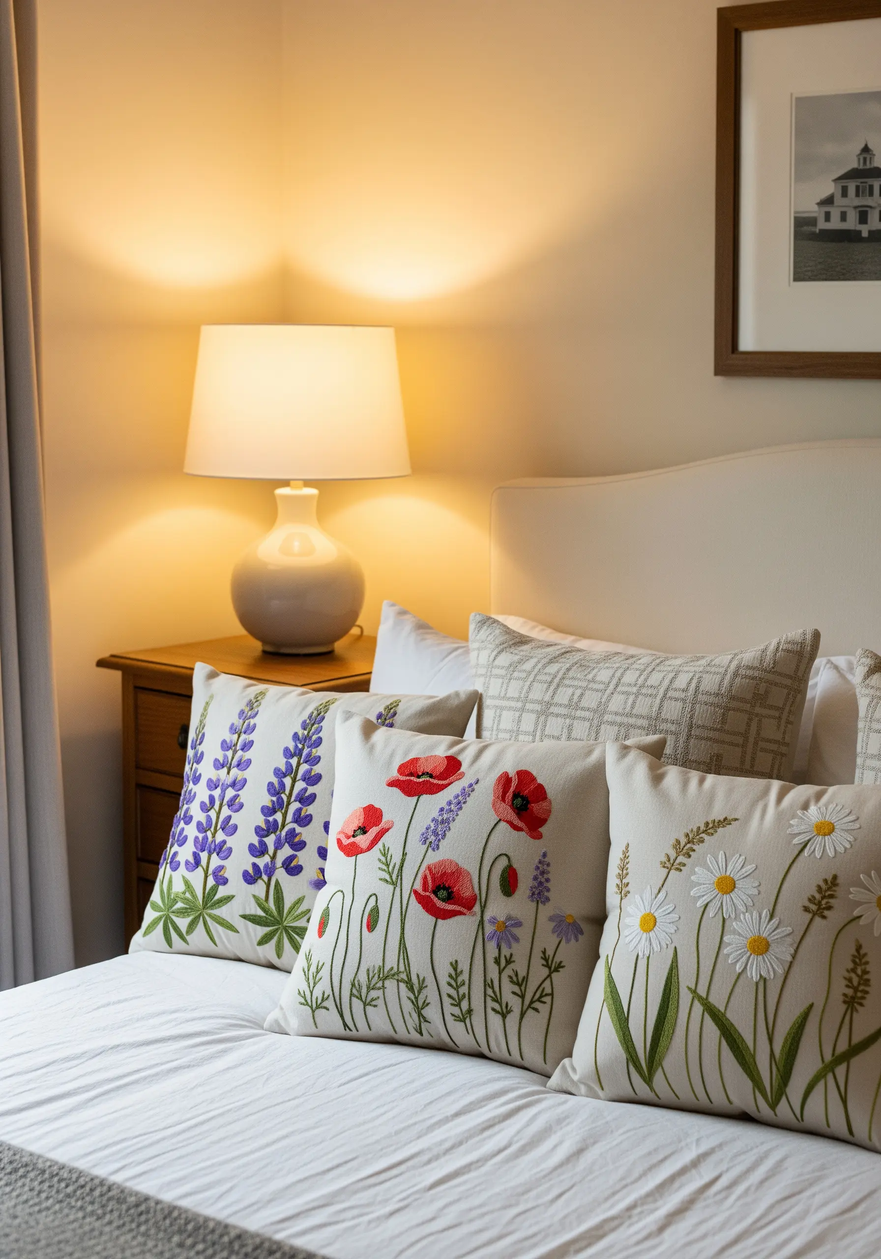 A trio of embroidered cushions with poppies, lupines, and daisies on a bed.