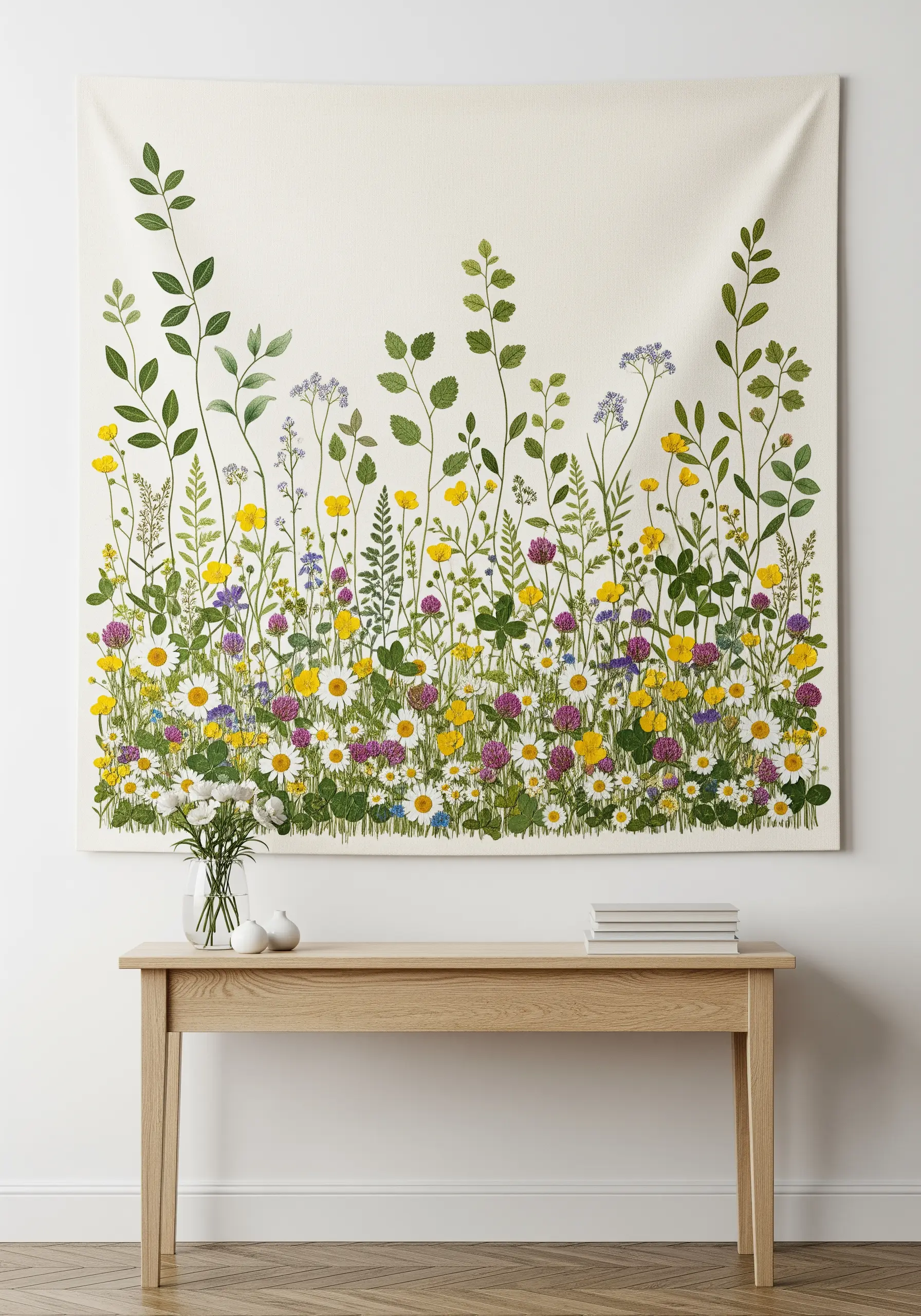 A large fabric wall hanging featuring a dense meadow of pressed wildflowers.