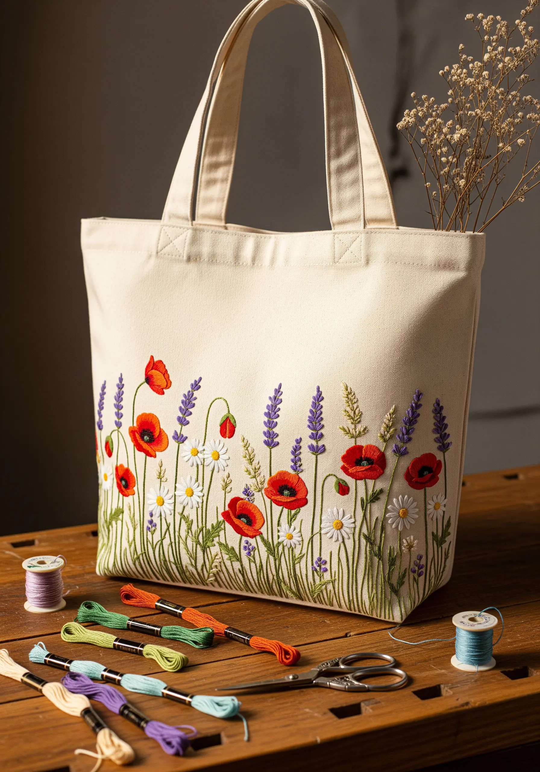 Canvas tote bag with an embroidered wildflower meadow of poppies, lavender, and daisies.