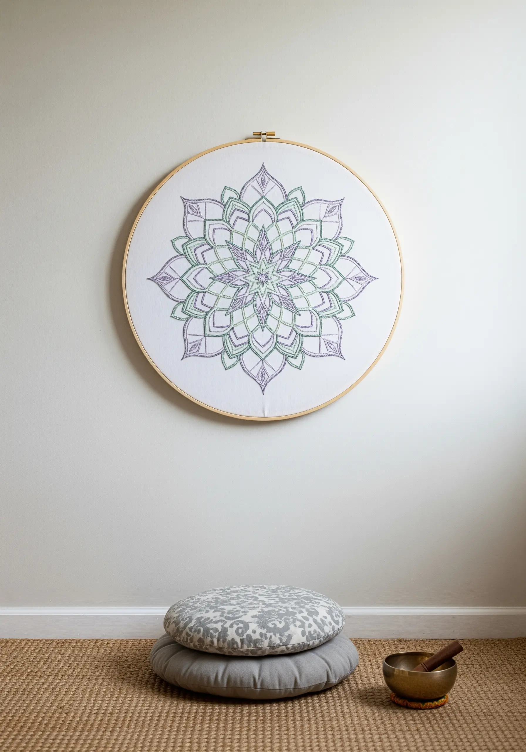 A large embroidery hoop with a geometric mandala stitched in soft green and purple hues.