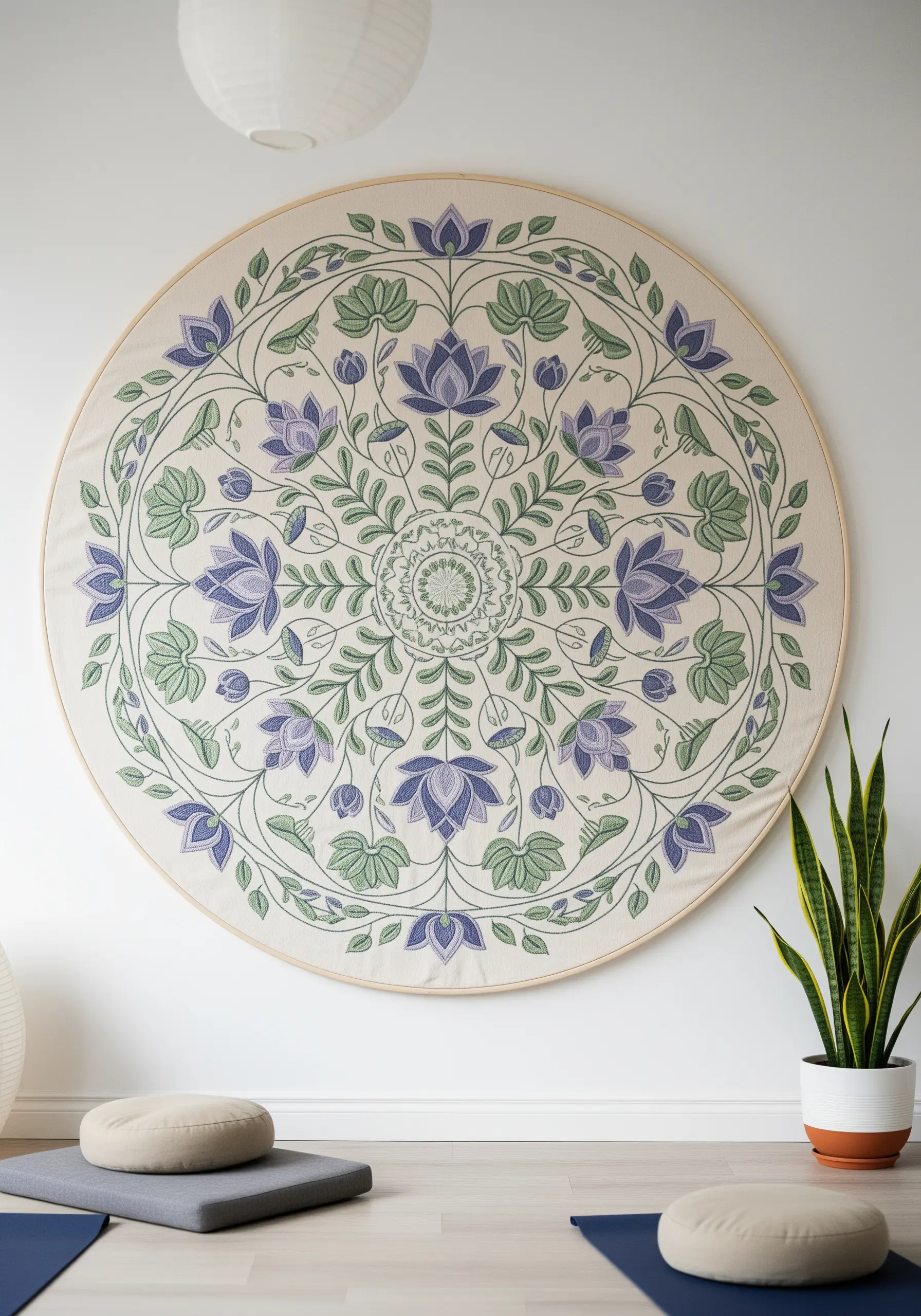 A very large, circular embroidery of a floral mandala in soft greens and purples.