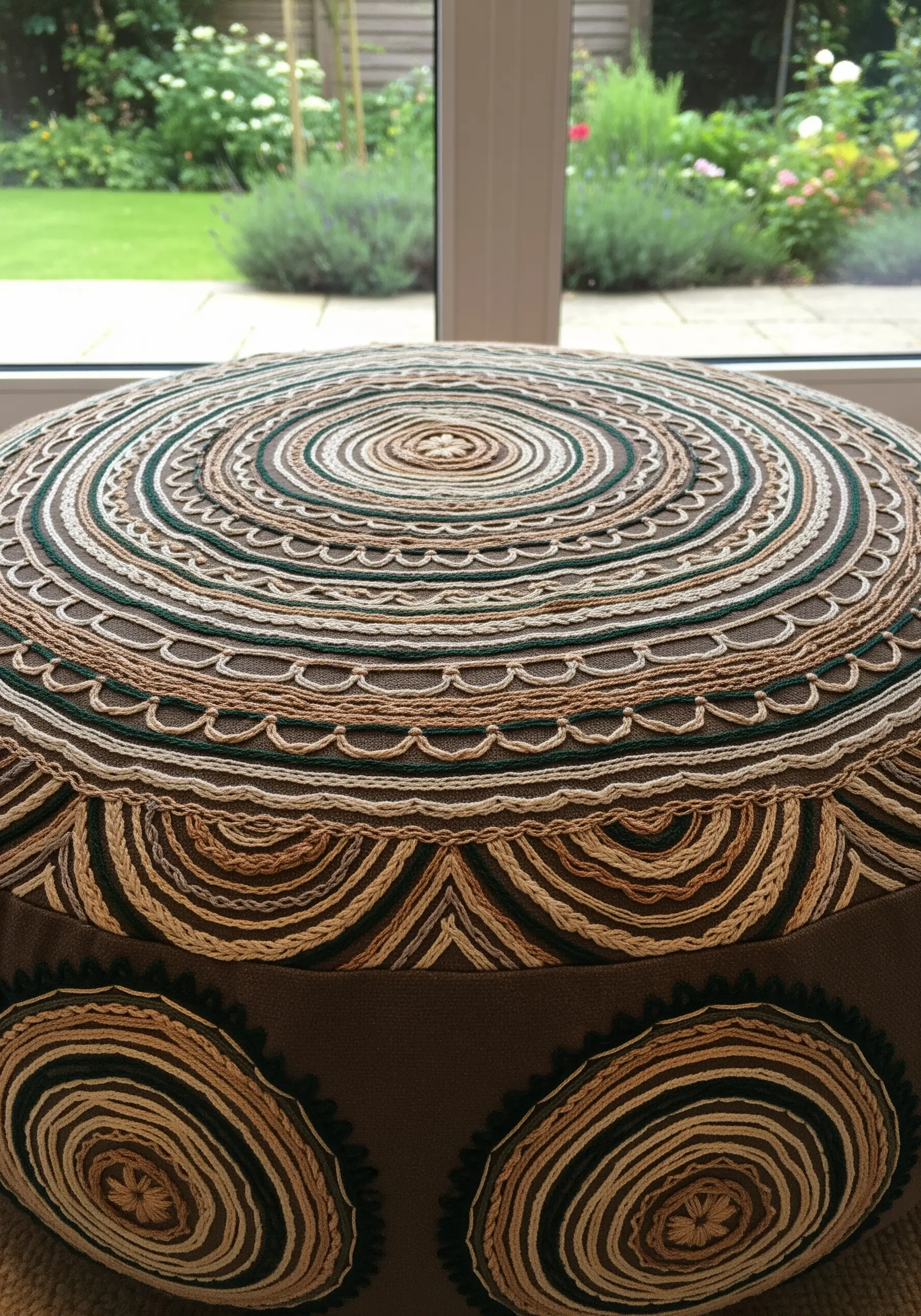 A close-up of a round ottoman covered in dense, concentric circles of embroidery.