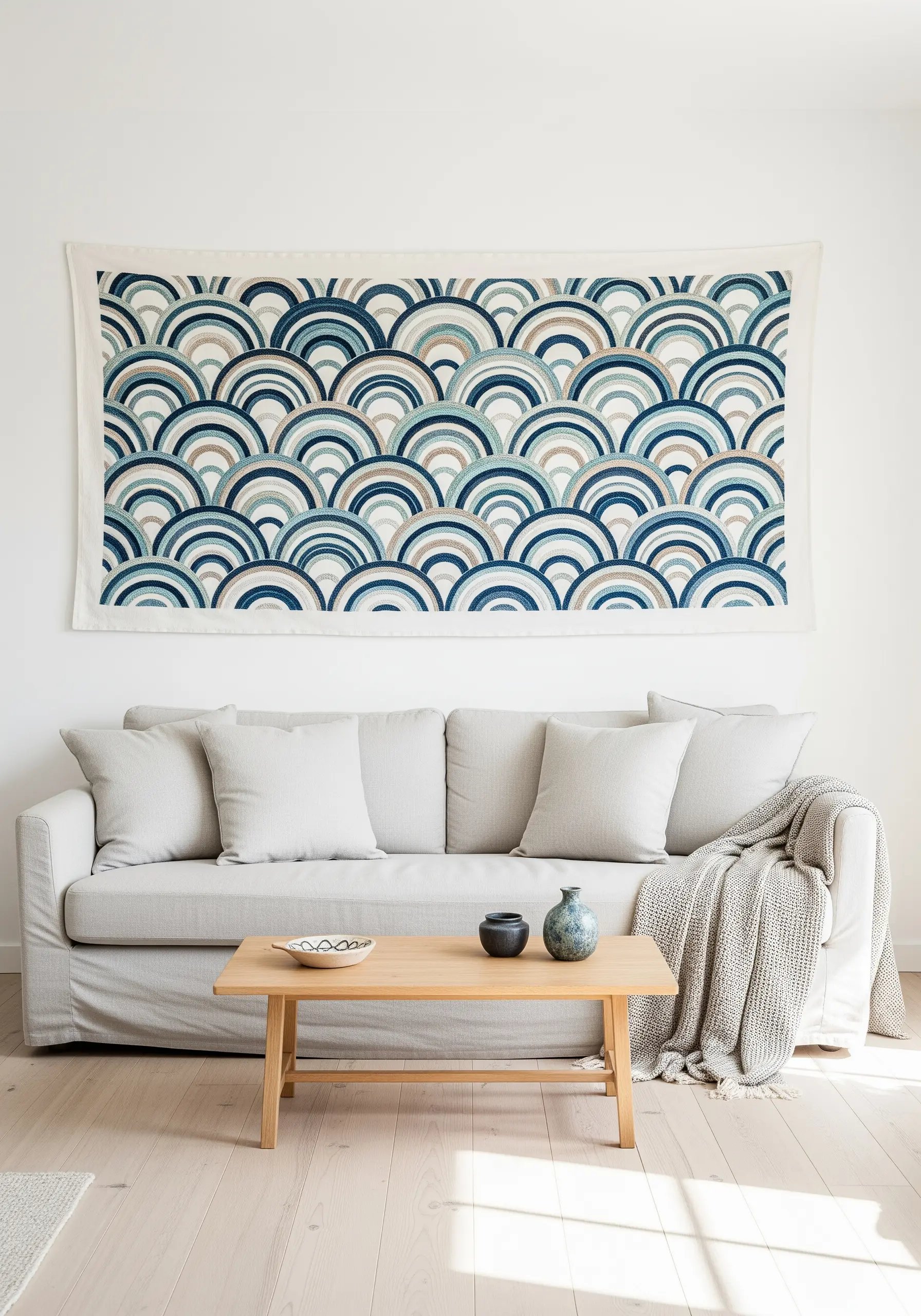 A large textile wall hanging covered in a repeating pattern of embroidered arches in blue and beige.