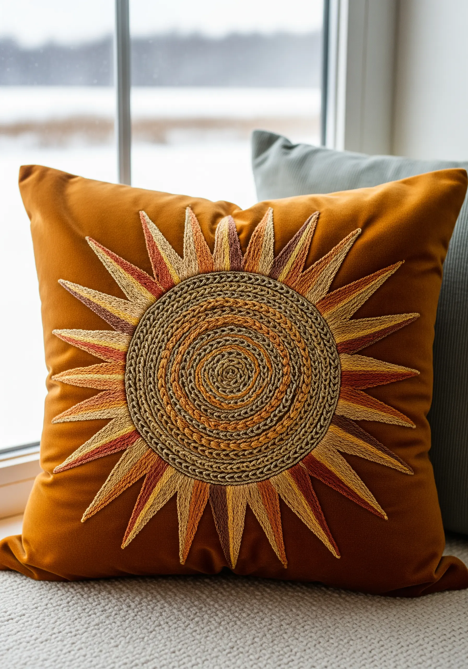 A large sunburst motif with a coiled, couched center on a rust-colored velvet pillow.