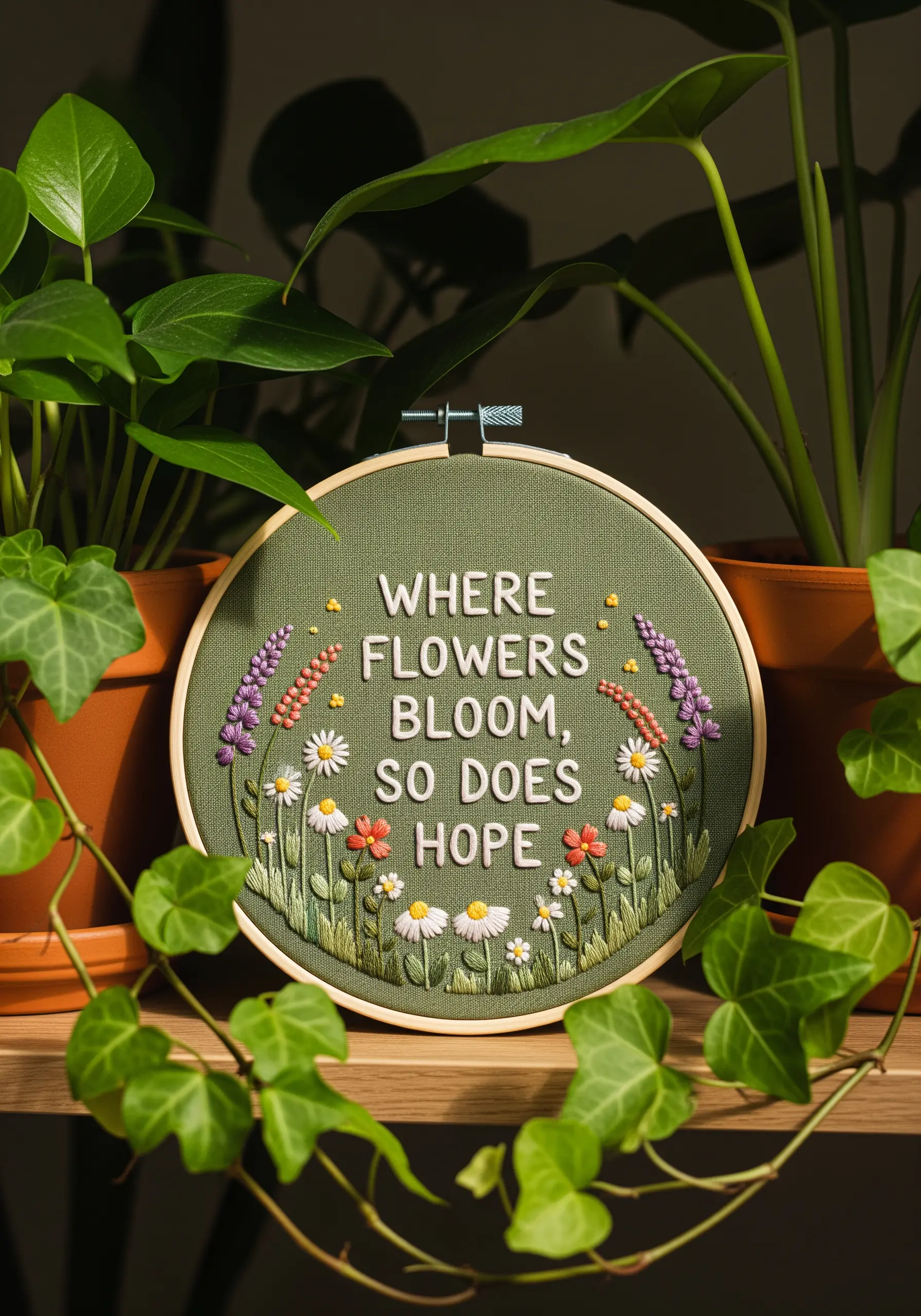 Embroidery hoop with a quote nestled in a colorful wildflower garden.