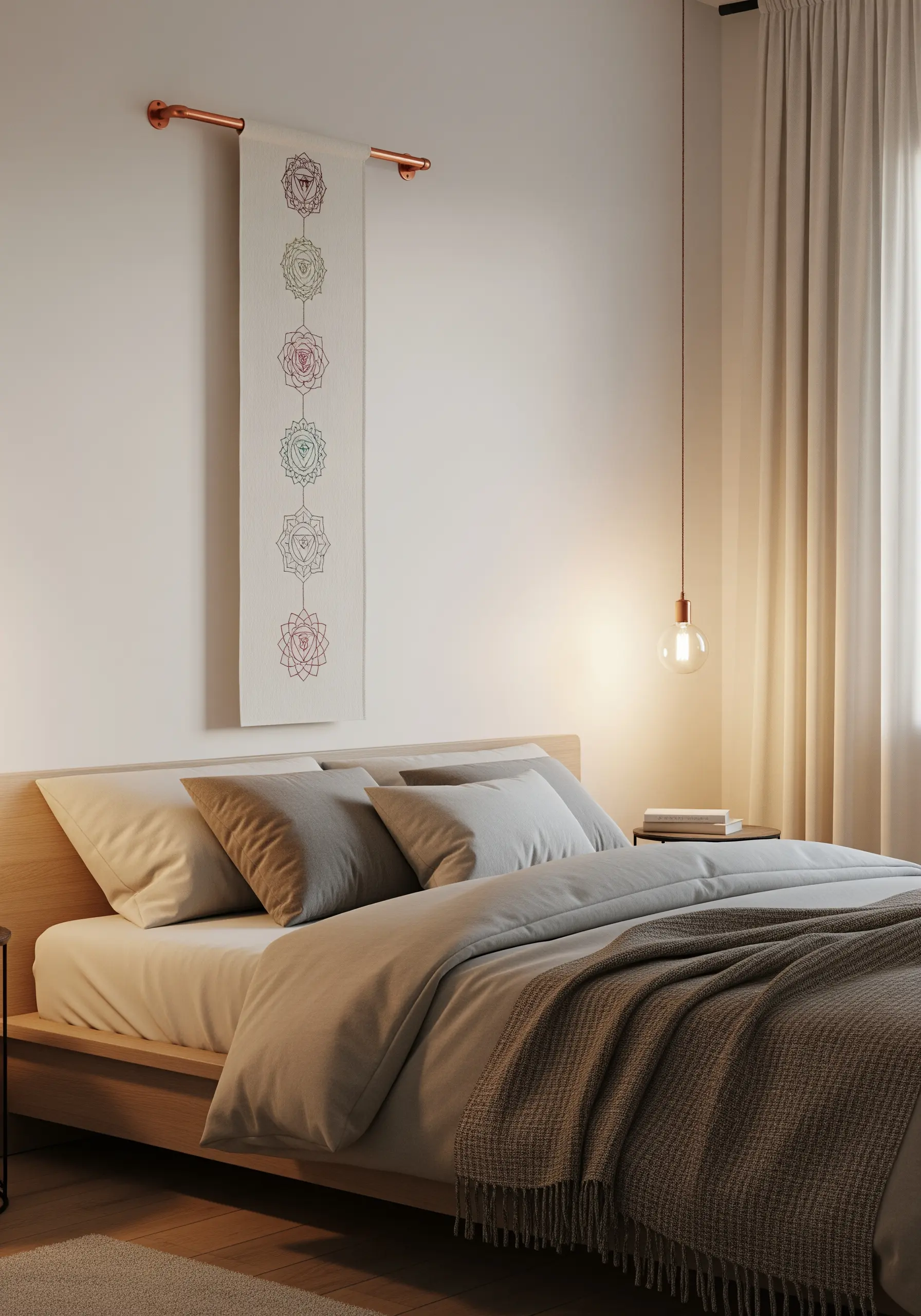 A minimalist wall hanging with a vertical line of small, delicately stitched chakra symbols.