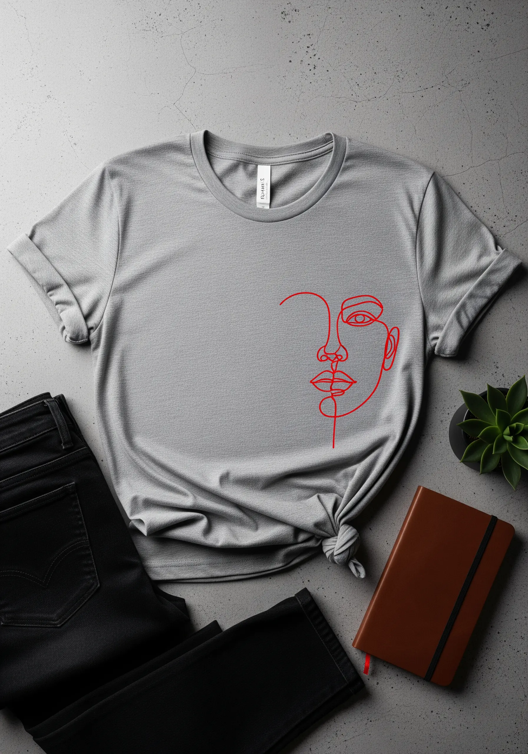A minimalist single-line face embroidered in red thread on the side of a gray t-shirt.