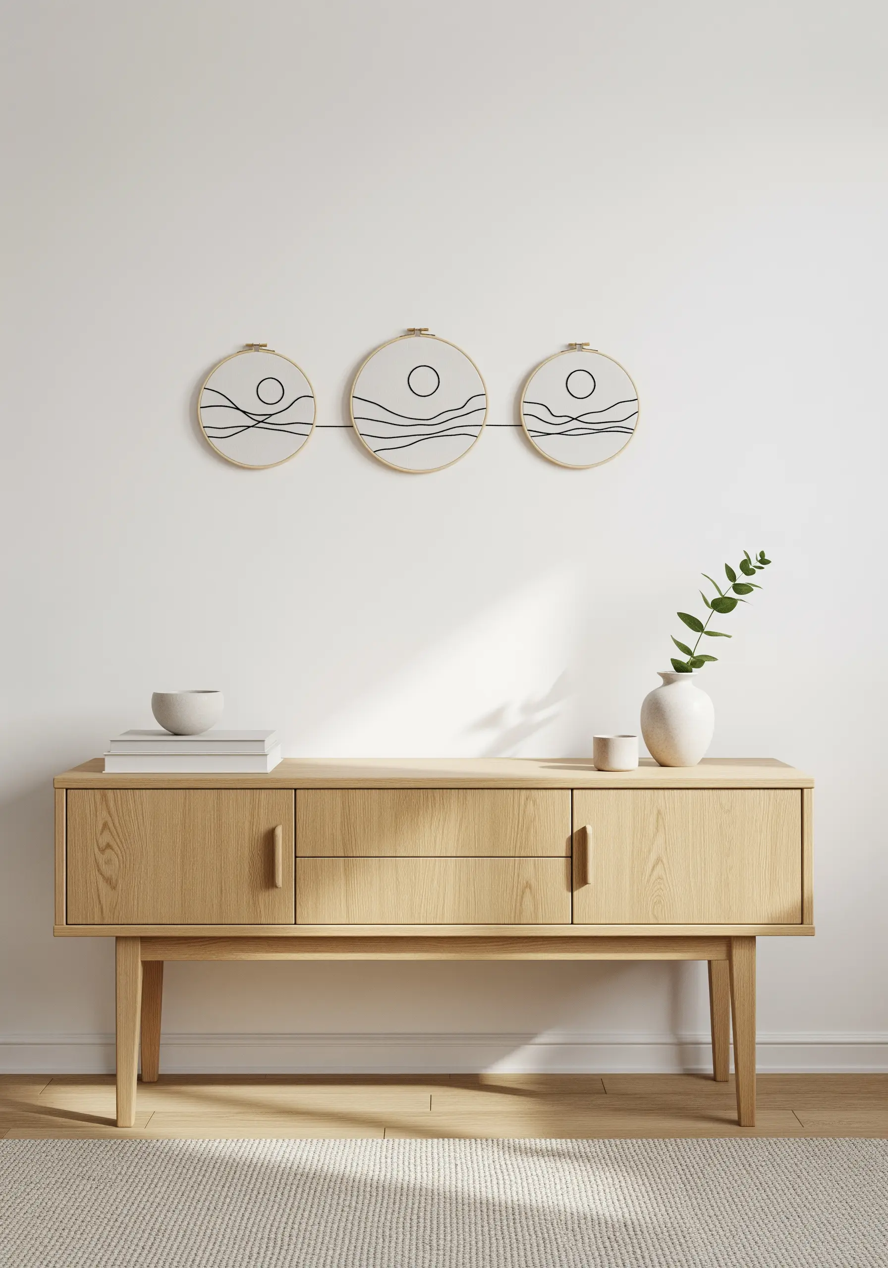 Three embroidery hoops with a continuous abstract landscape line in black thread.