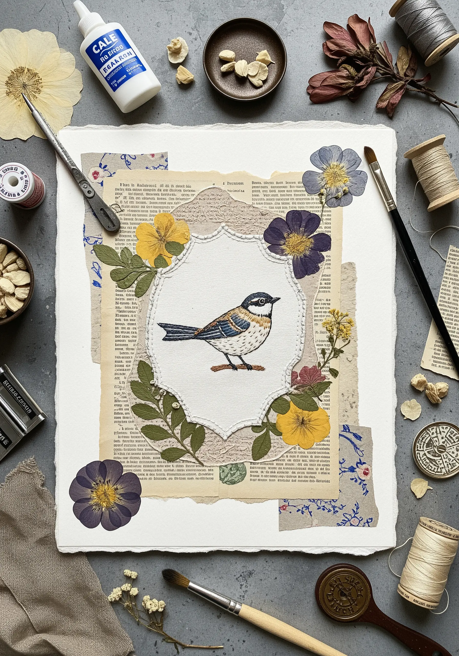 An embroidered bird on fabric, collaged onto paper with pressed flowers and vintage text.