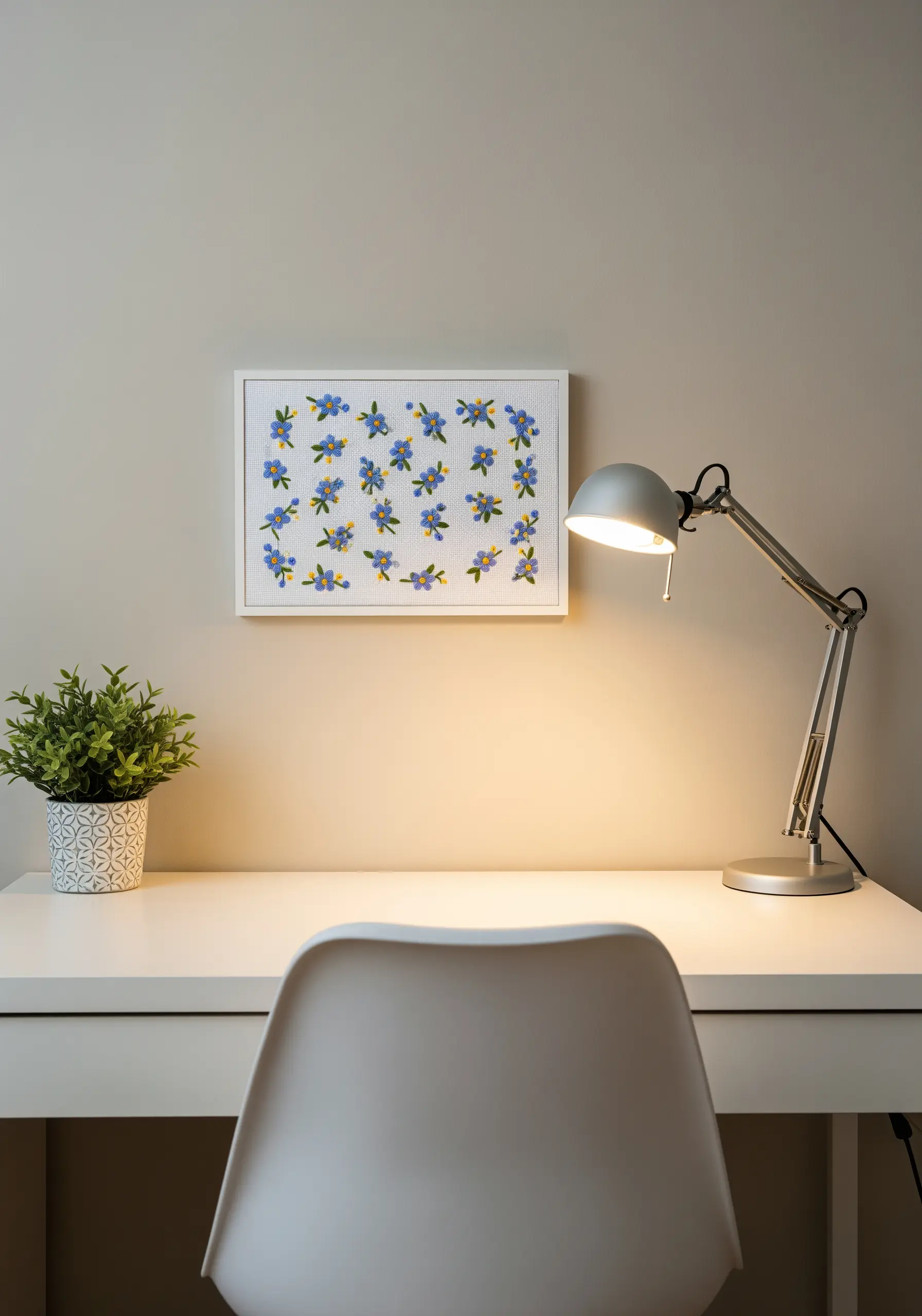A random pattern of small blue and yellow embroidered flowers in a white frame.