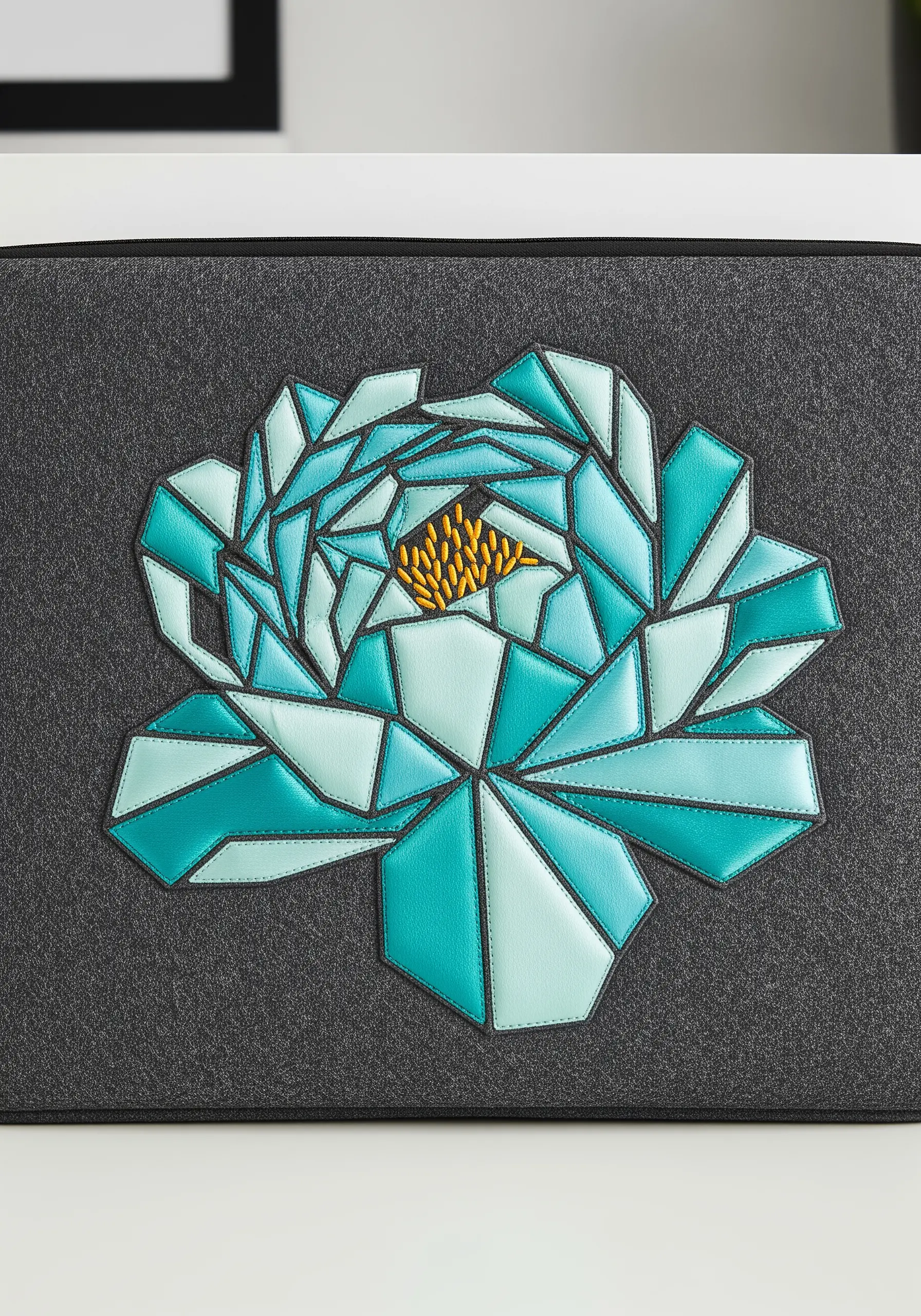 A geometric peony made from teal and mint faux-leather appliquéd pieces.