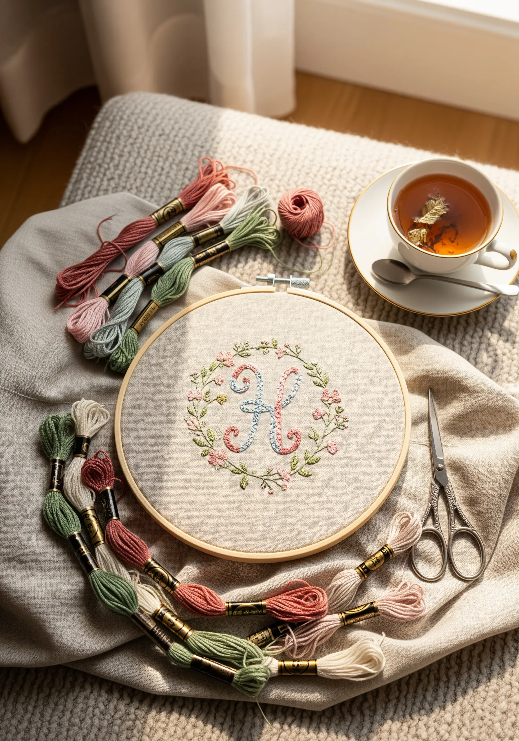 Embroidered monogram letter 'K' with a delicate floral wreath in a wooden hoop.