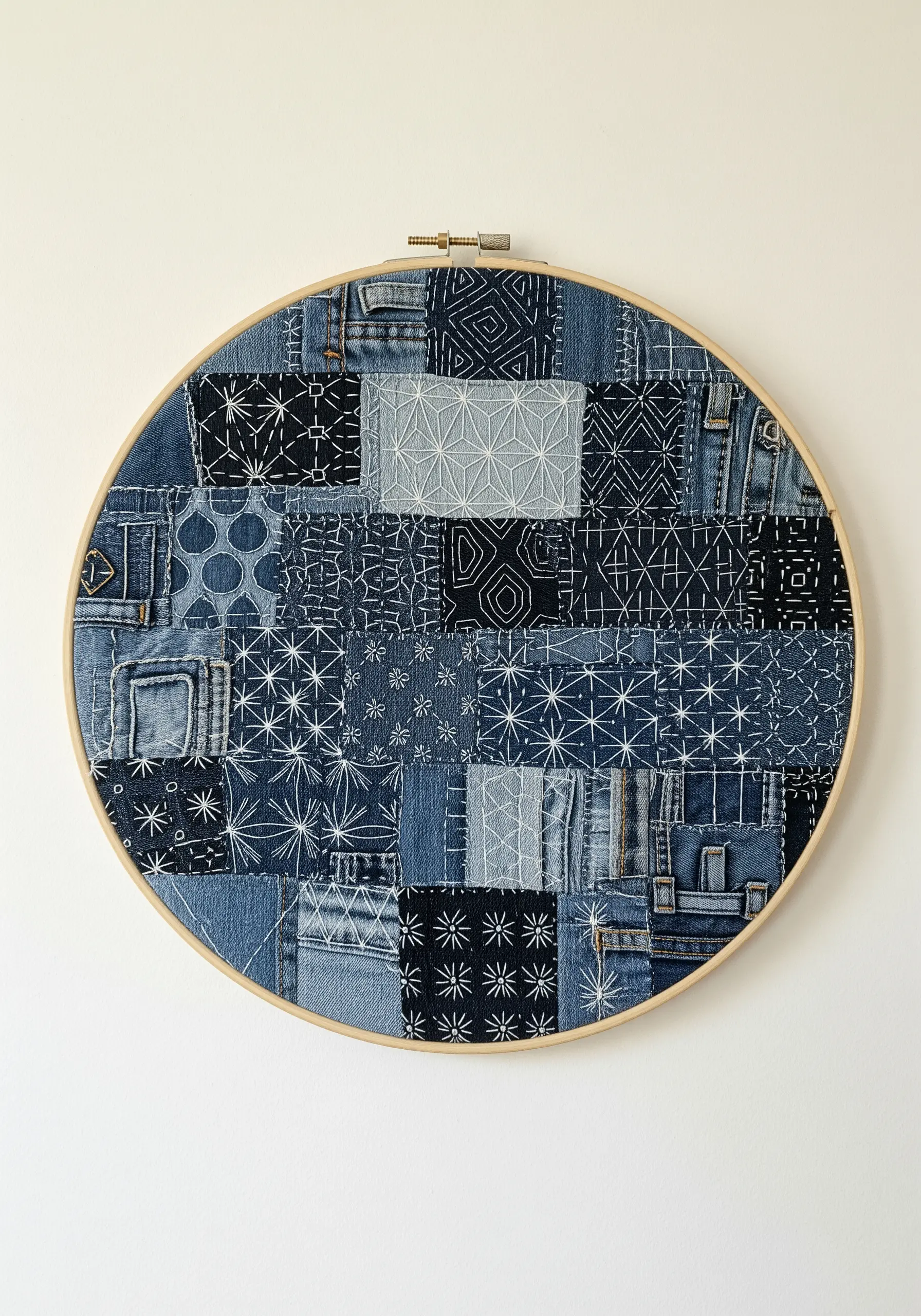 Hoop art made from a patchwork of denim scraps, unified with white sashiko stitching