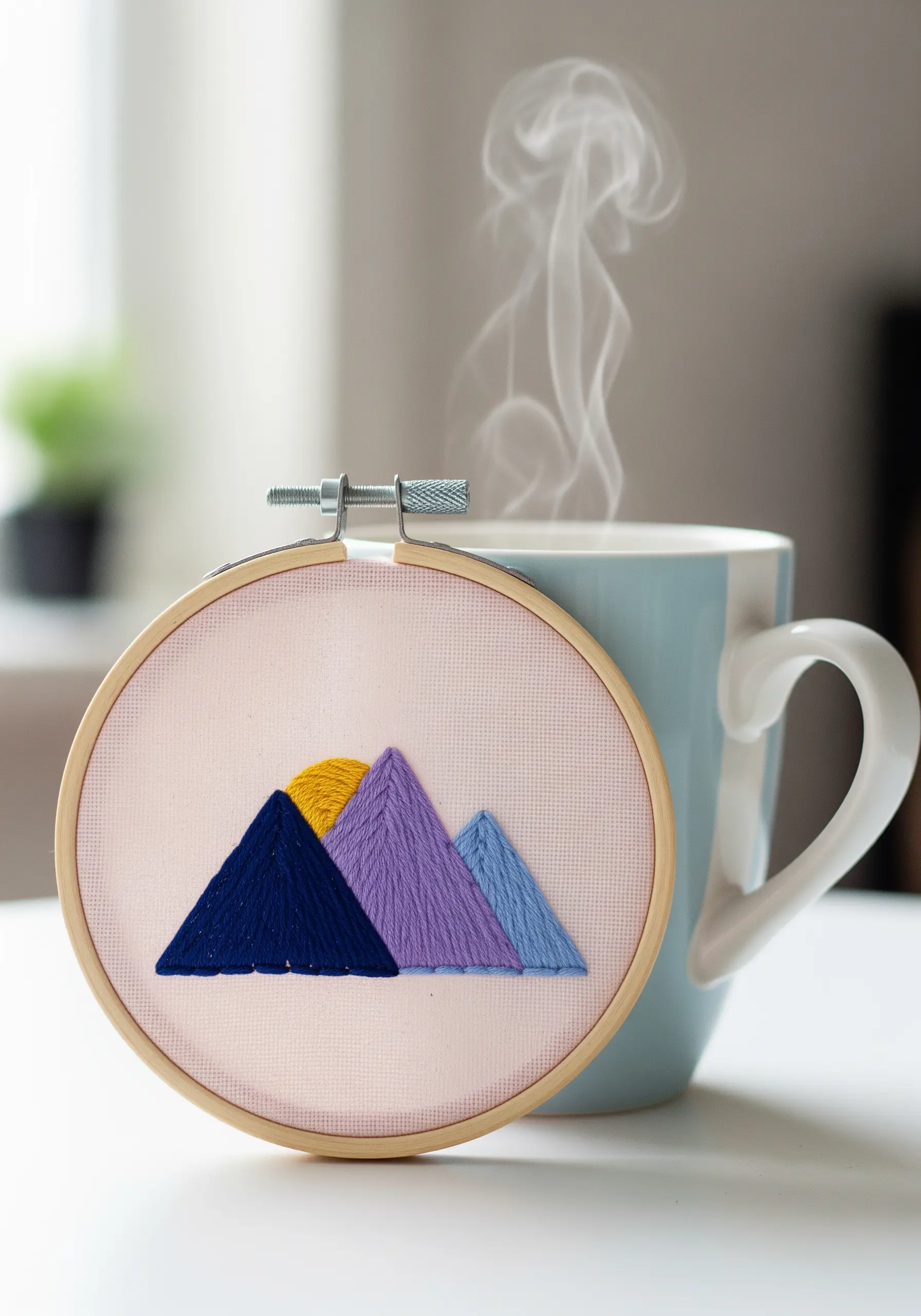 Geometric mountain landscape embroidery with satin stitch color blocking in purple and blue.