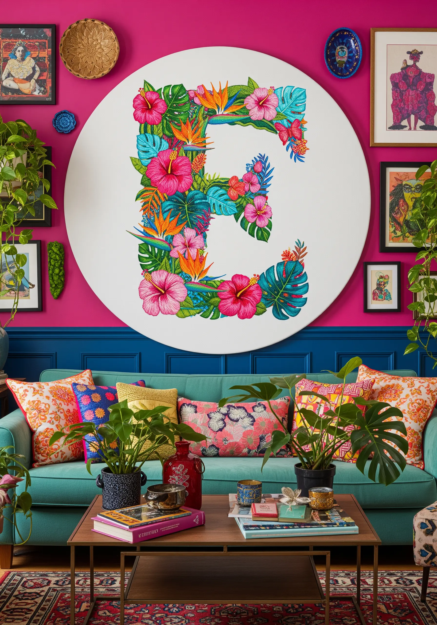 Large monogram 'E' filled with colorful, thread-painted tropical flowers and leaves.