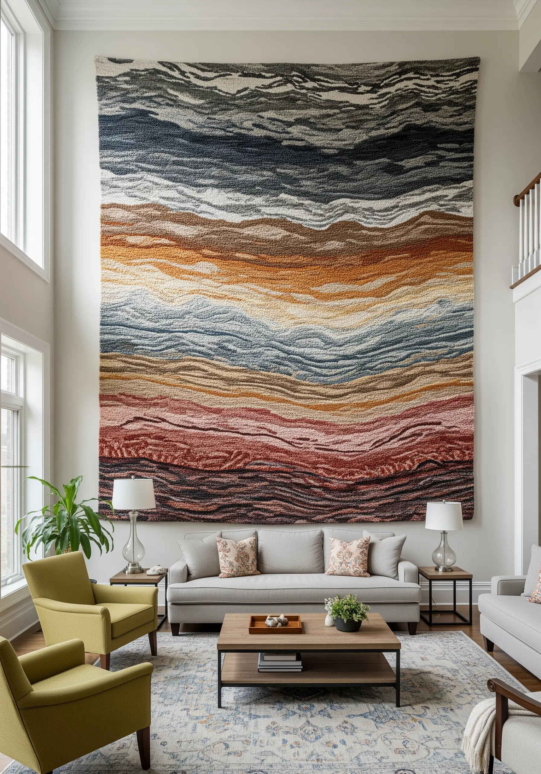 A floor-to-ceiling punch needle tapestry with abstract, wavy layers of color.
