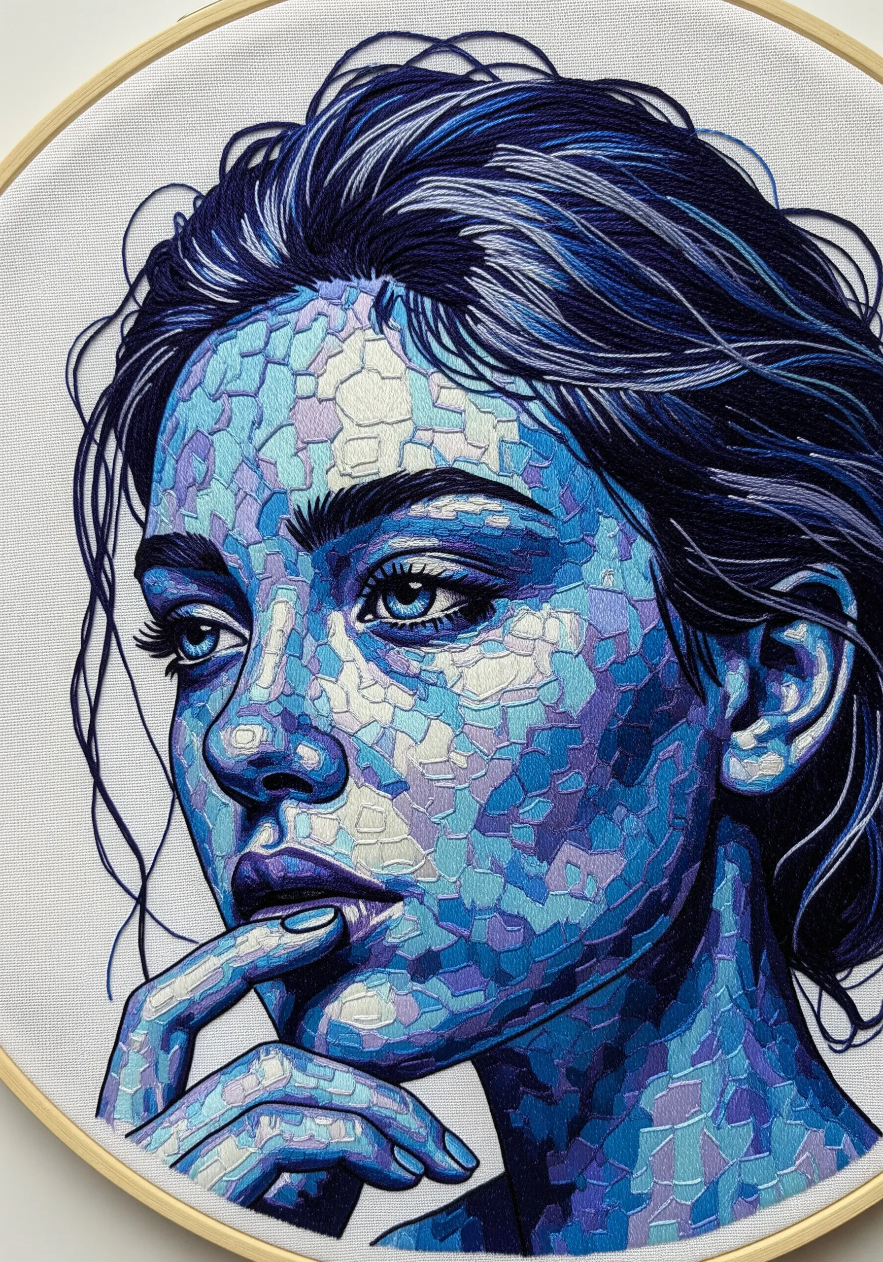 Stylized embroidery portrait of a woman's face rendered in a blue mosaic or cracked-tile effect.