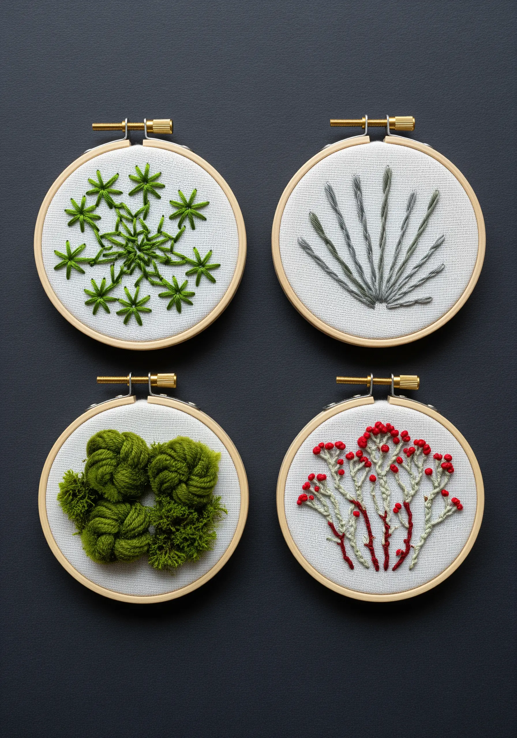 Four small hoops showcasing different embroidery techniques for moss and lichen textures.