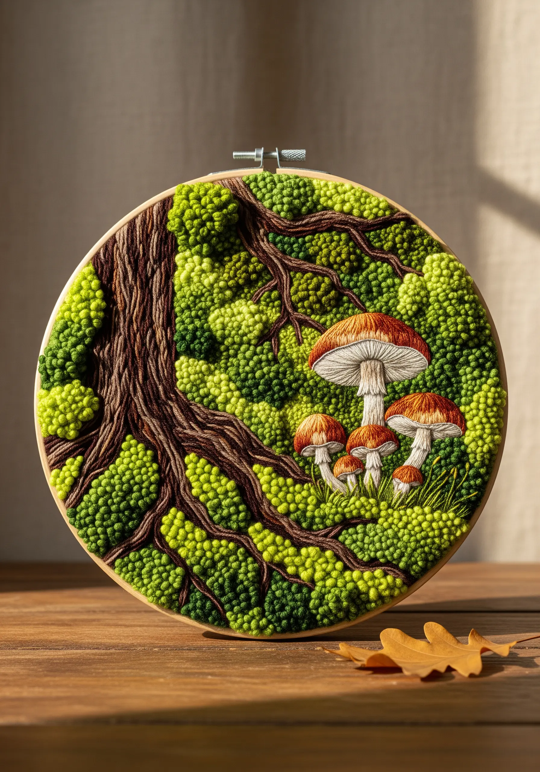 Embroidery hoop with dense green French knot moss, tree roots, and detailed mushrooms.
