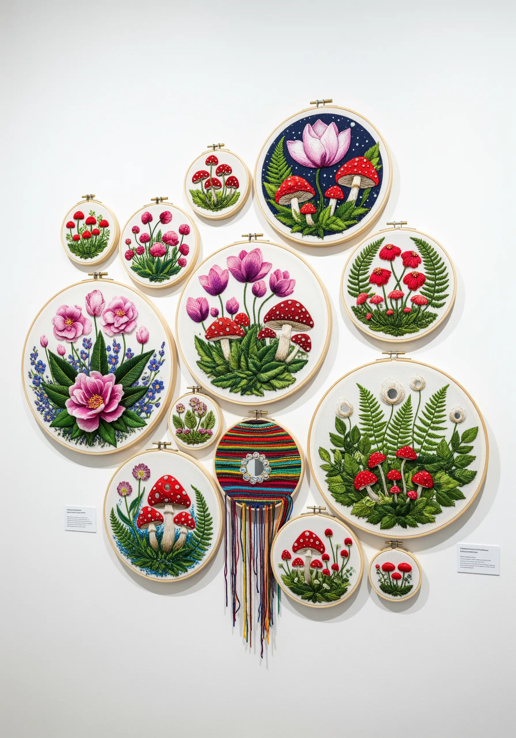 A whimsical gallery wall of embroidery hoops featuring colorful mushrooms, ferns, and flowers.