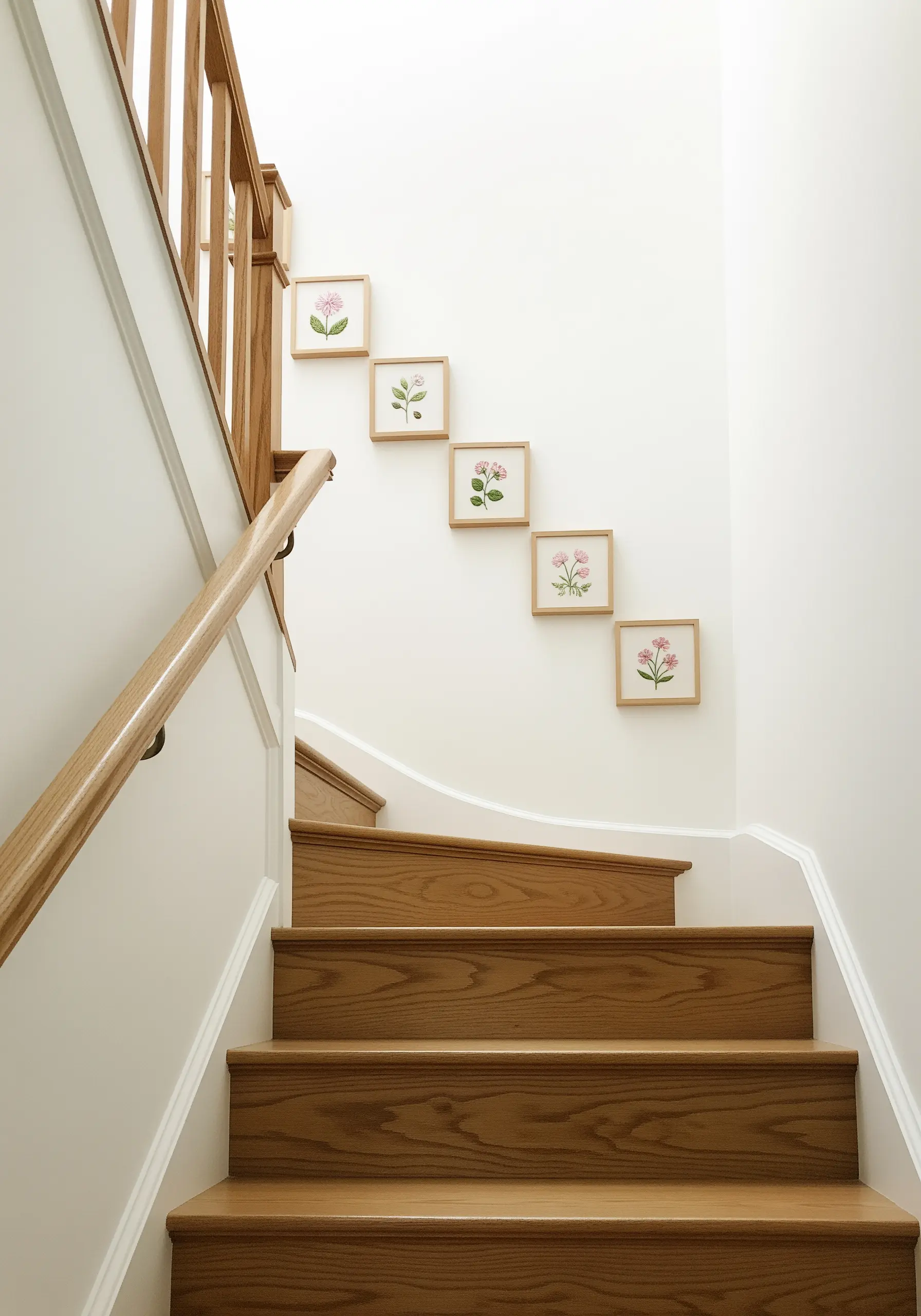 Five small framed floral embroideries arranged diagonally up a staircase wall.