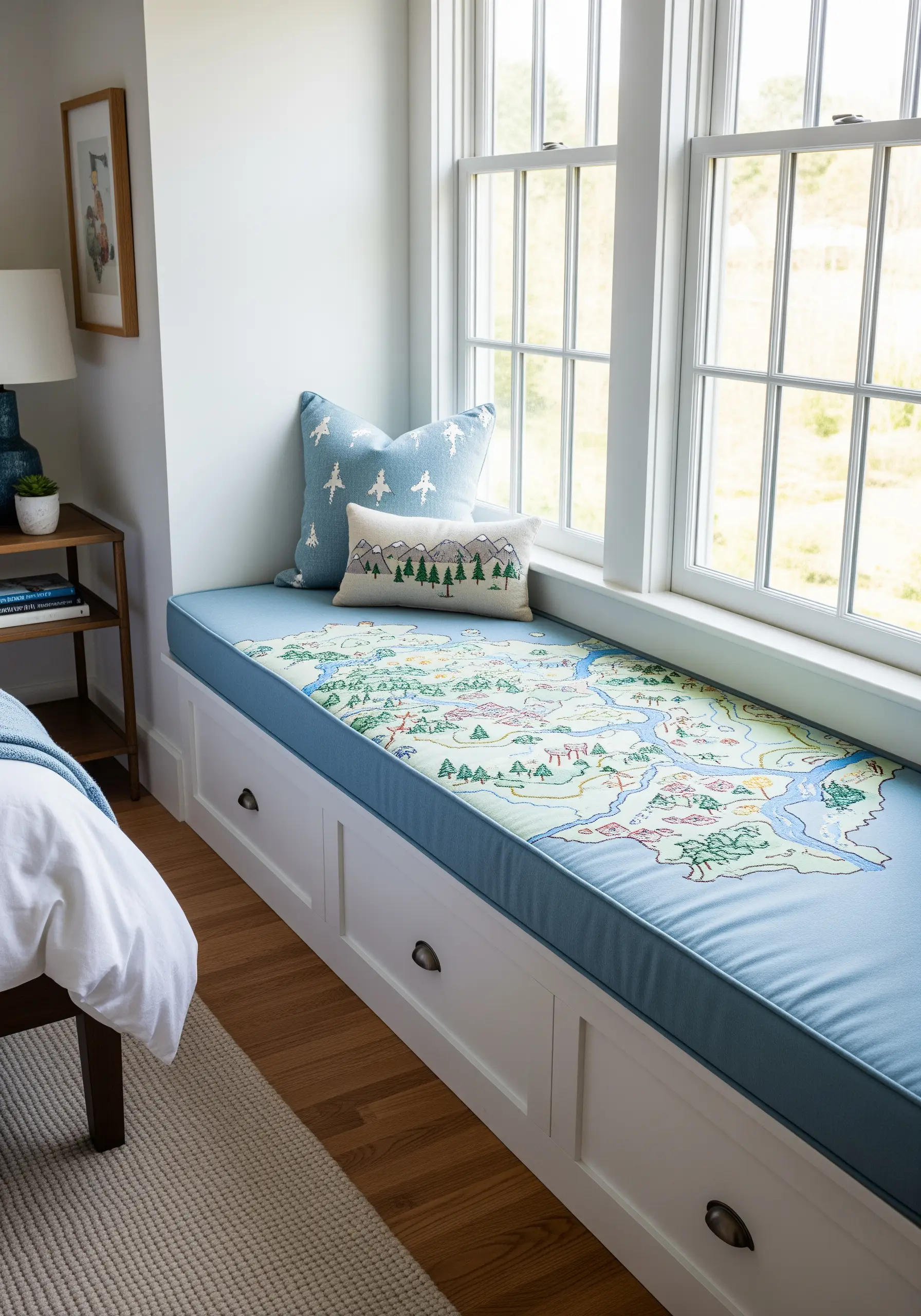 A window seat cushion cover embroidered to look like a whimsical, colorful map.
