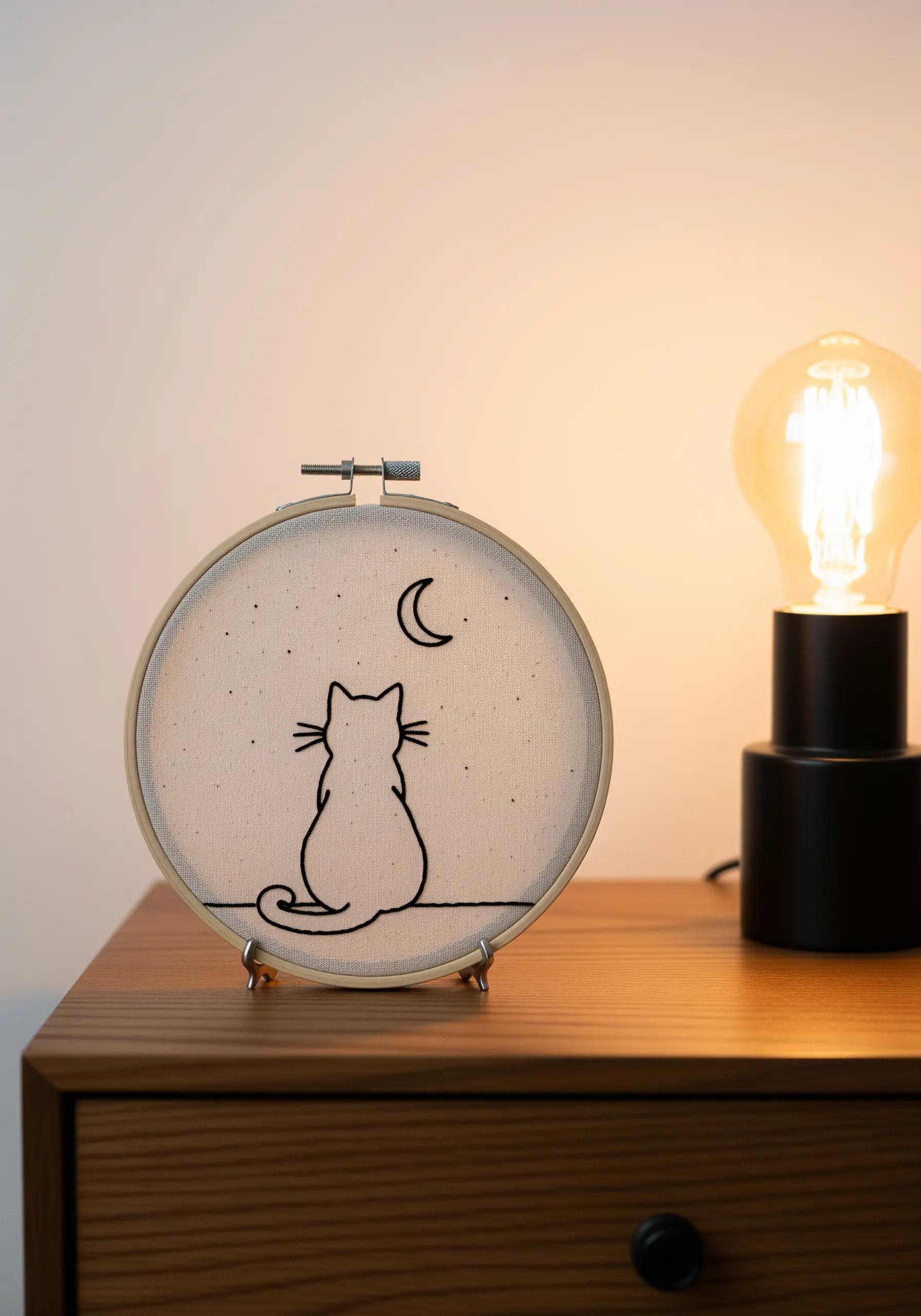 Minimalist black line-art embroidery of a cat looking at the moon and stars.