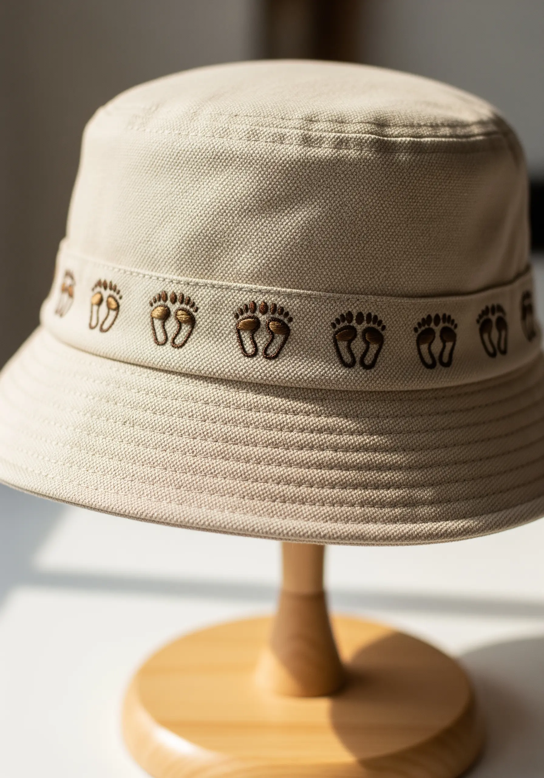 A repeating pattern of embroidered footprints around the band of a beige canvas bucket hat.
