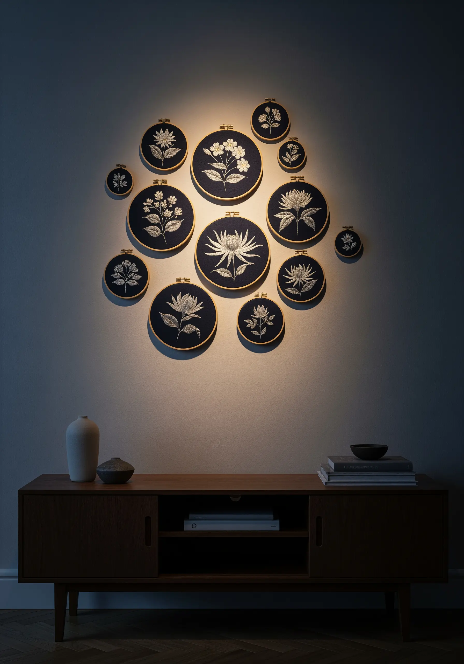 A cluster of embroidery hoops with white floral designs on black fabric, spotlit on a dark wall.