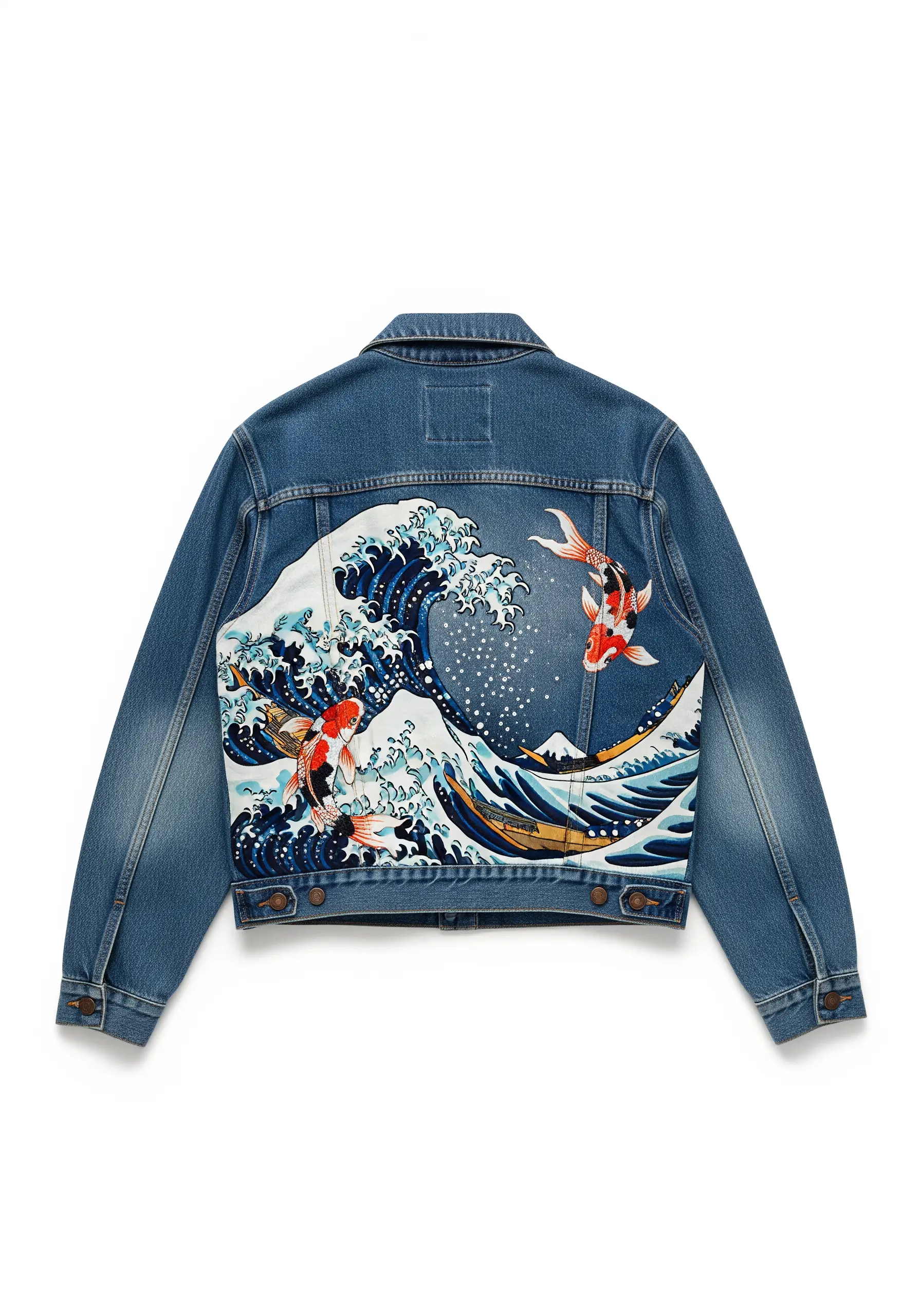 The back of a denim jacket featuring a large, embroidered appliqué of The Great Wave.