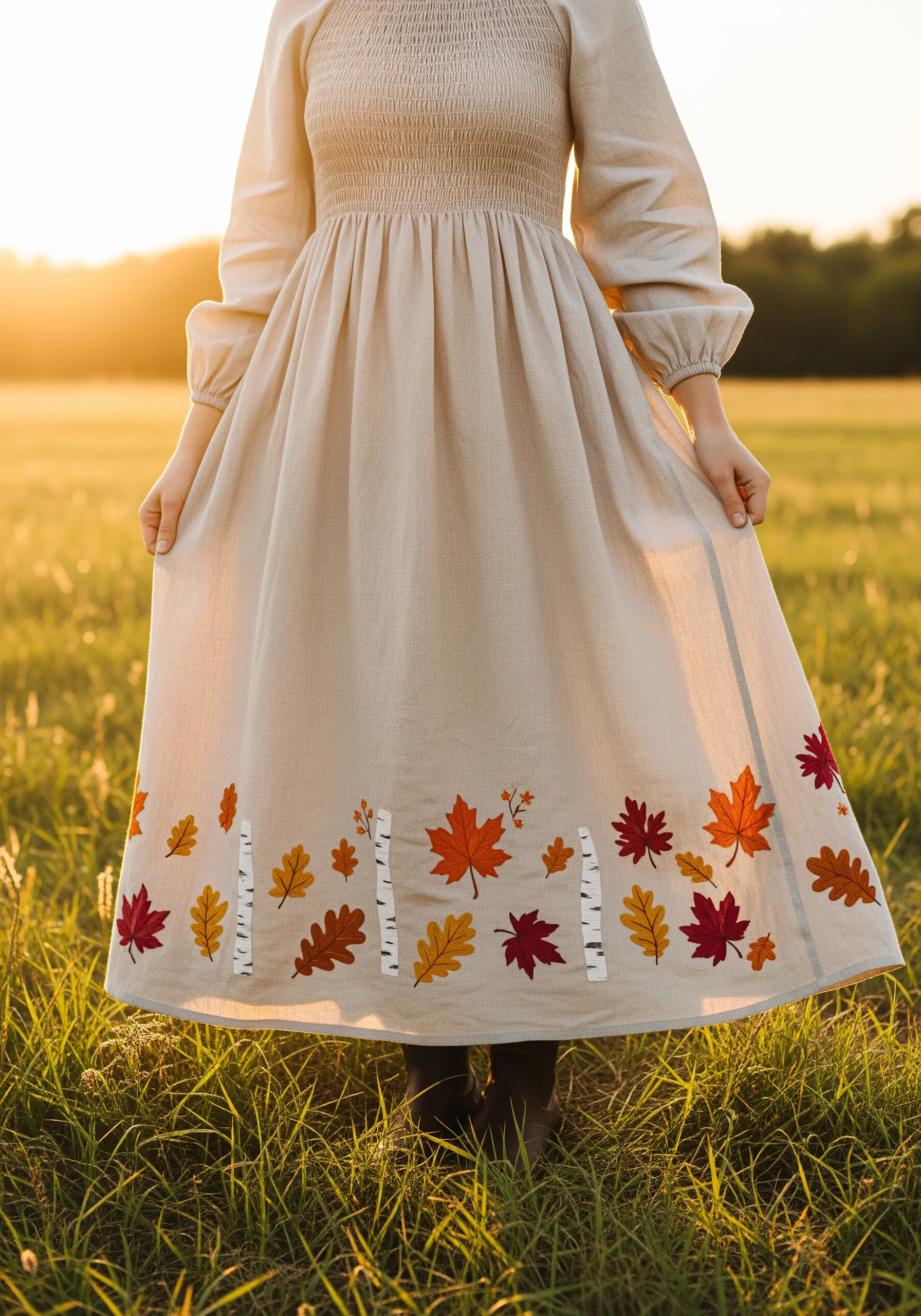 Embroidery of vibrant red, orange, and yellow autumn leaves along the hem of a cottagecore dress.