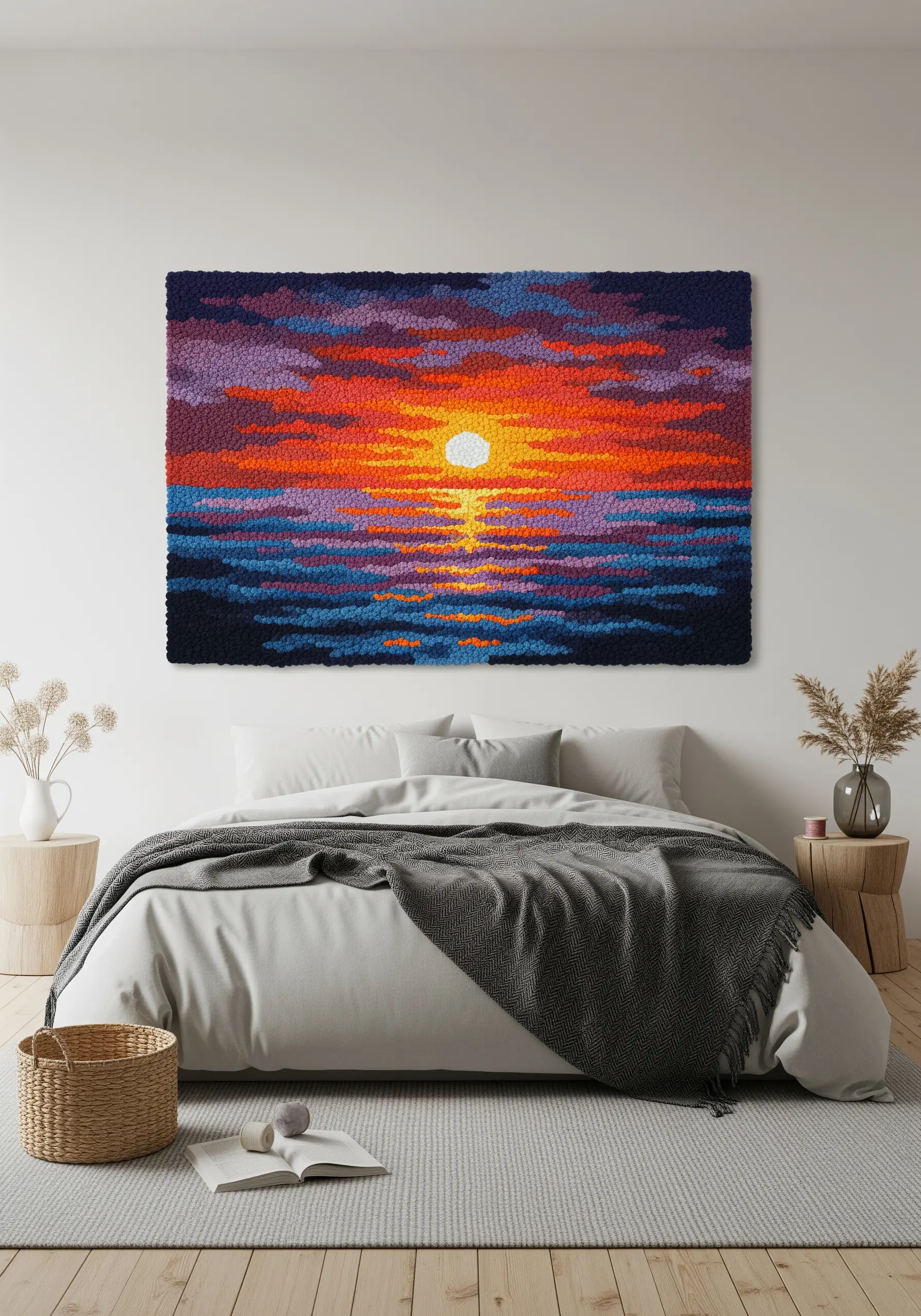 A large latch hook wall tapestry depicting a colorful, abstract sunset over the ocean.