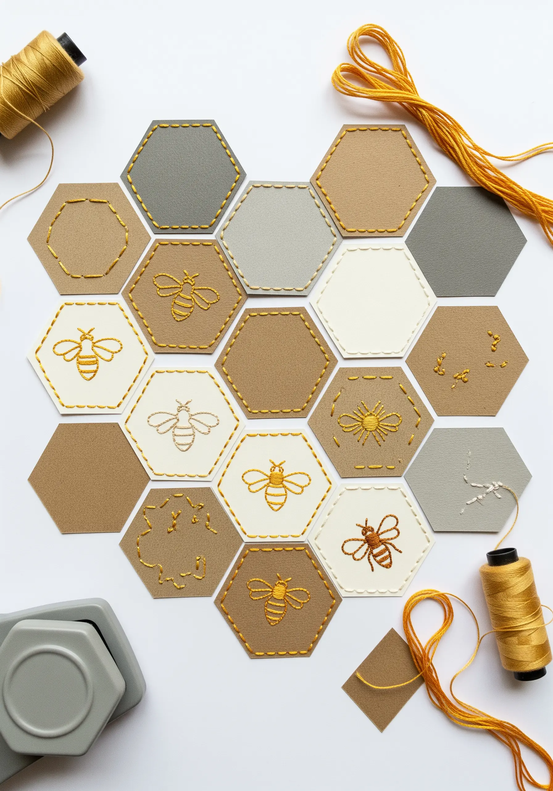 Hexagonal paper tiles in neutral colors arranged in a honeycomb pattern with simple bee embroidery.