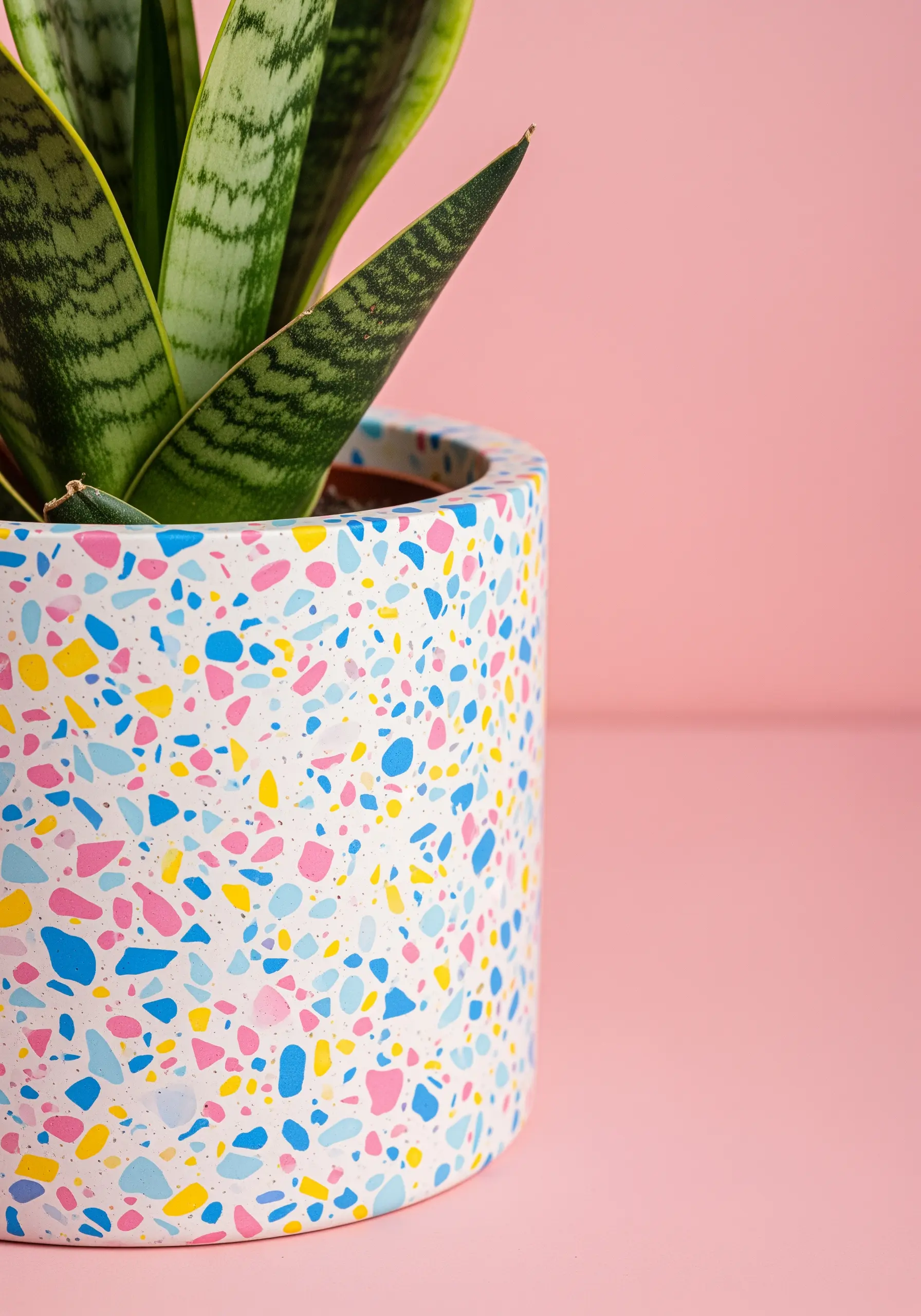 A white cylindrical planter decorated with a vibrant terrazzo pattern of pink, blue, and yellow flecks.