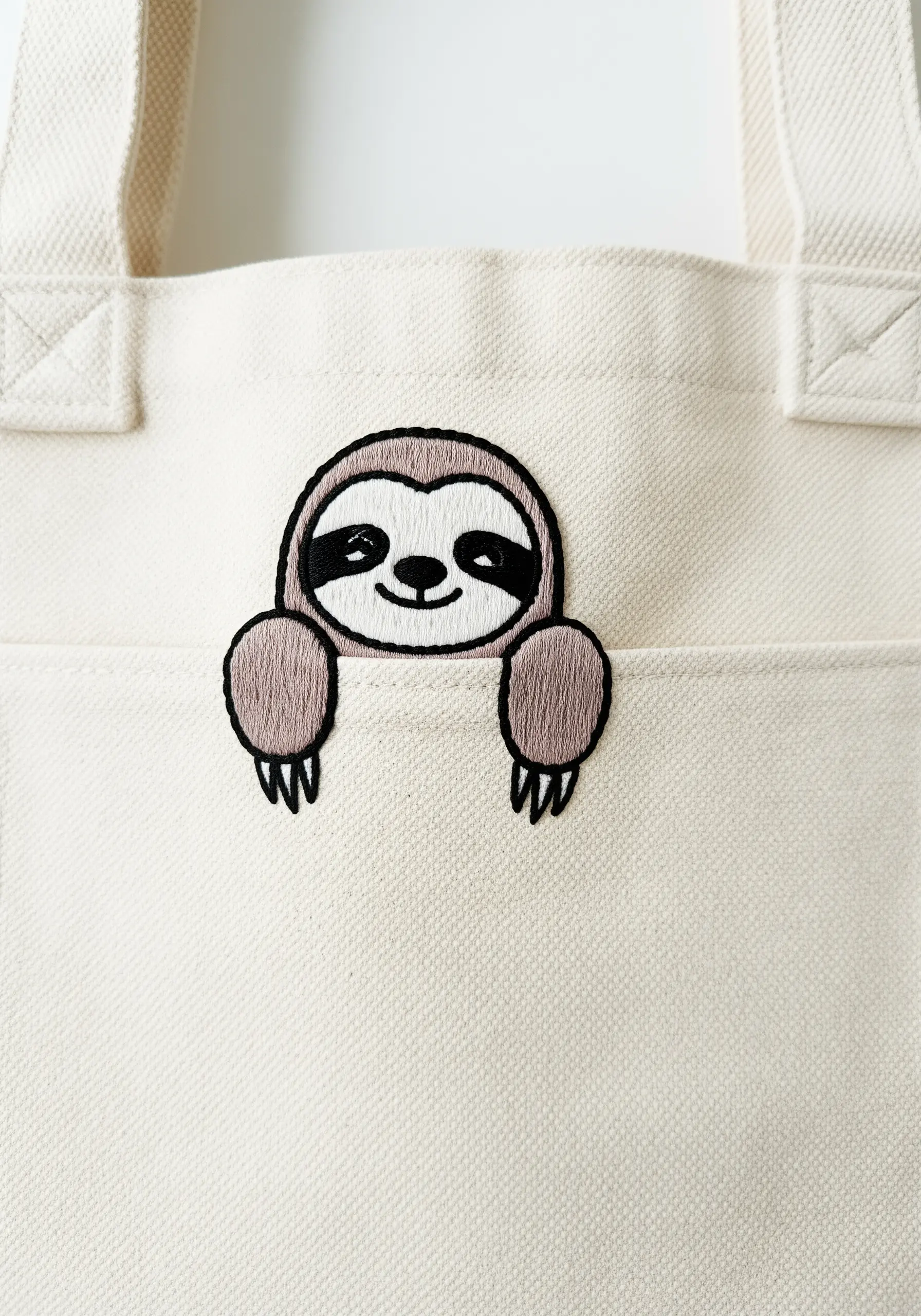 An embroidered sloth peeking out from the pocket of a canvas tote bag.