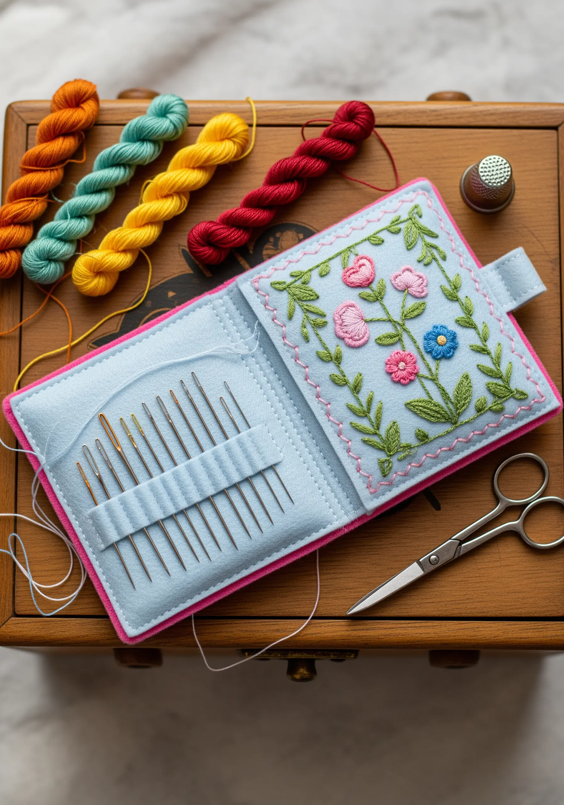 A handmade felt needle book with colorful floral embroidery on the cover