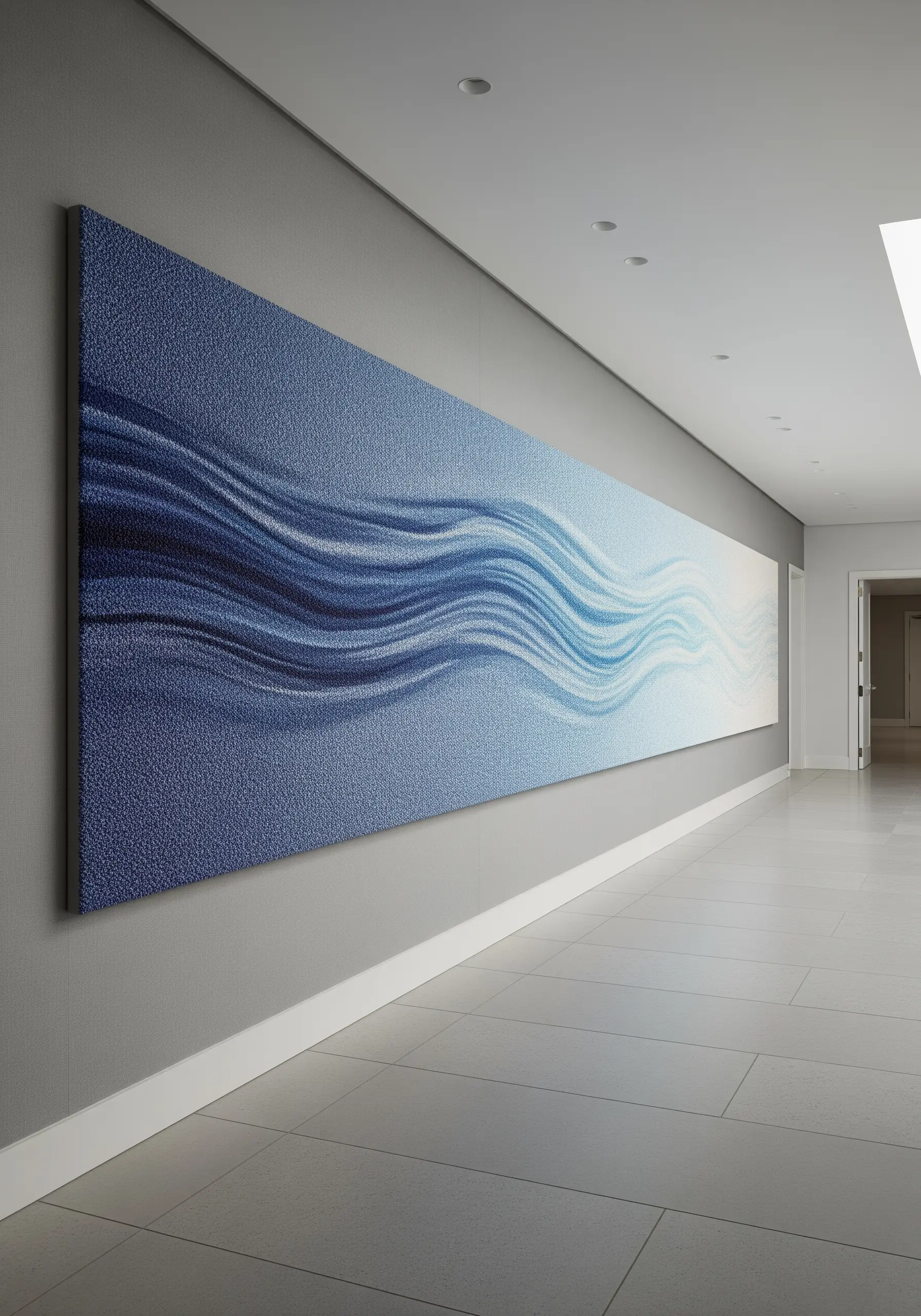 A massive wall panel with a blue-to-white gradient made entirely of tiny textural stitches