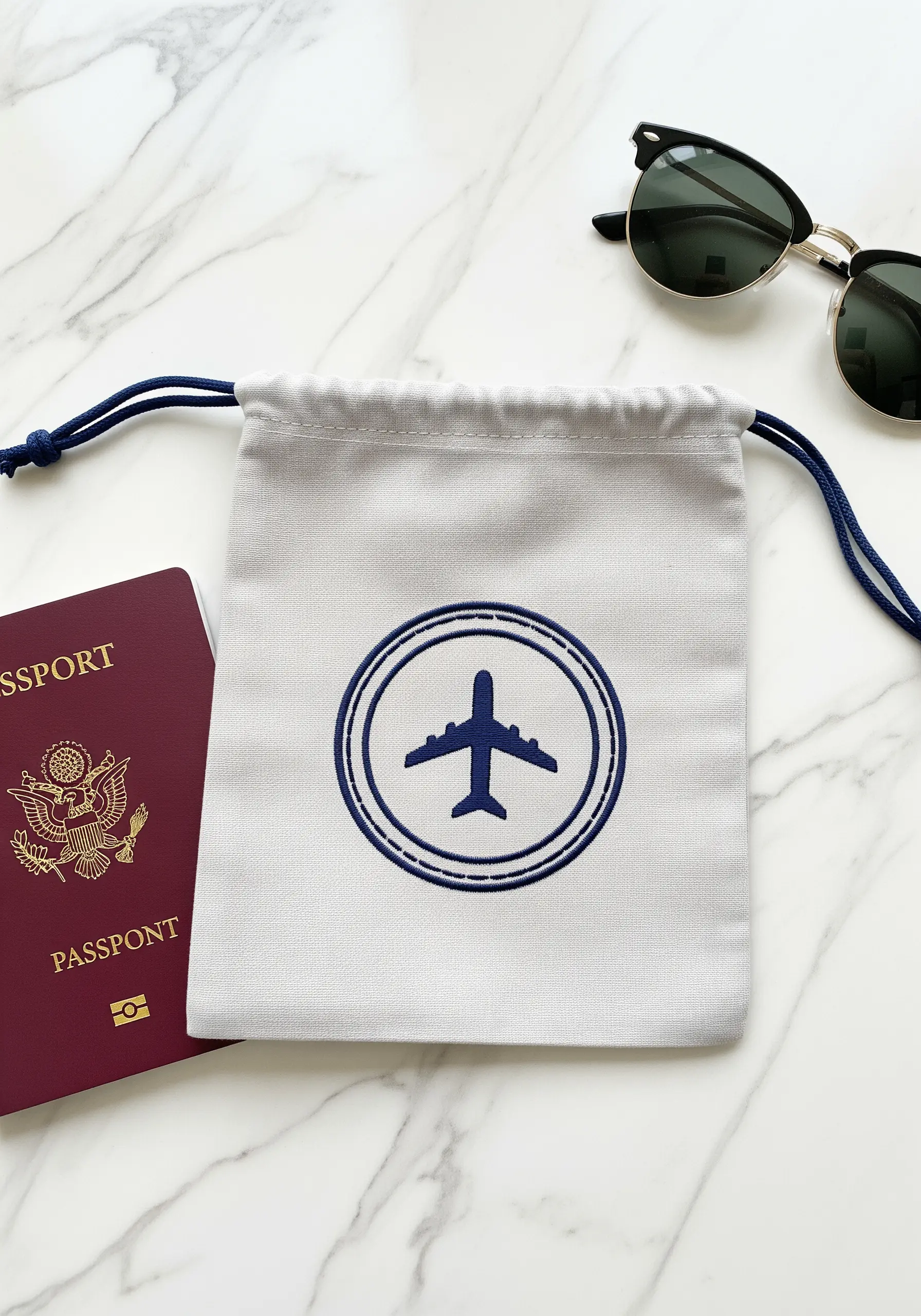 A navy blue airplane silhouette embroidered inside a double-circle border on a grey pouch.