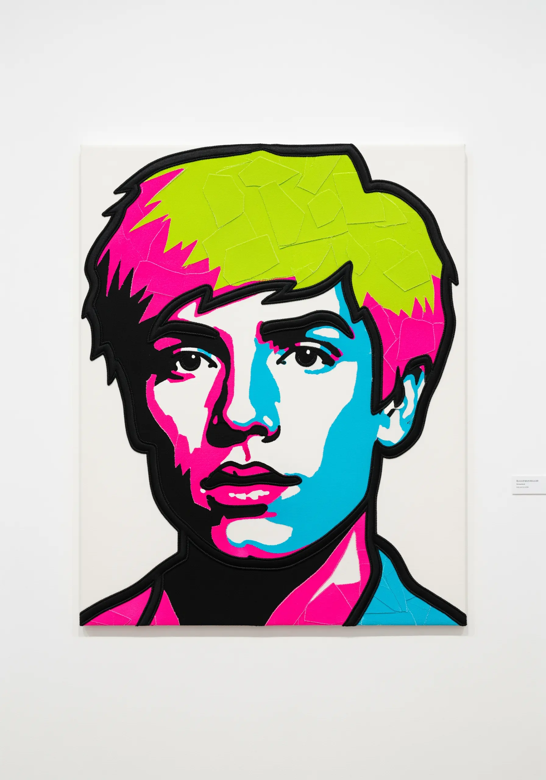 A pop art style portrait made from brightly colored fabric scraps with bold black outlines