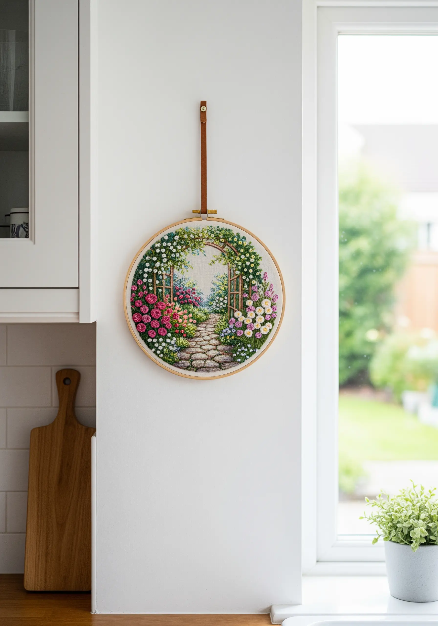 An embroidery hoop depicting a lush garden path viewed through a flower-covered archway.