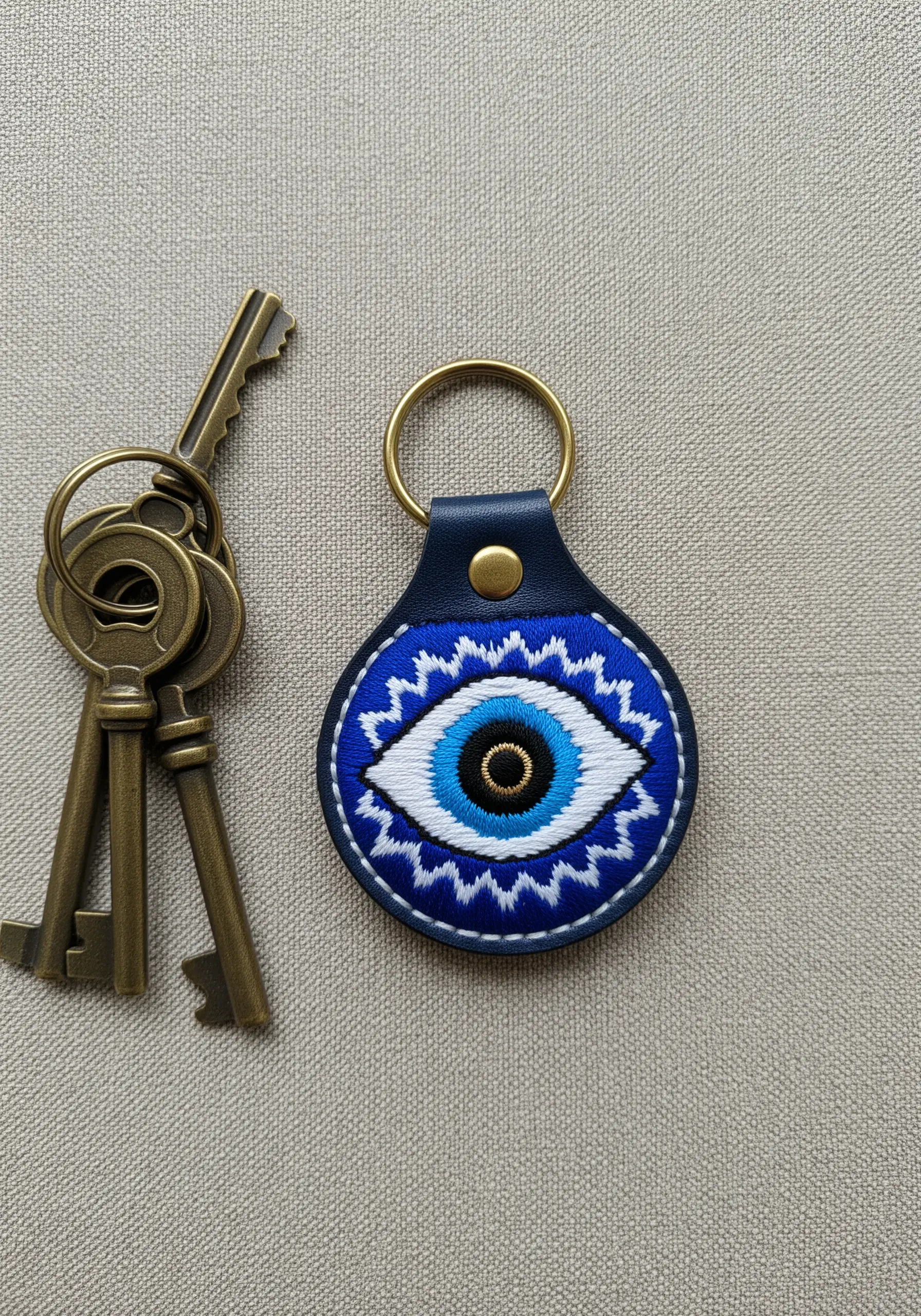 A round leather keychain embroidered with a vibrant blue, white, and black evil eye motif.