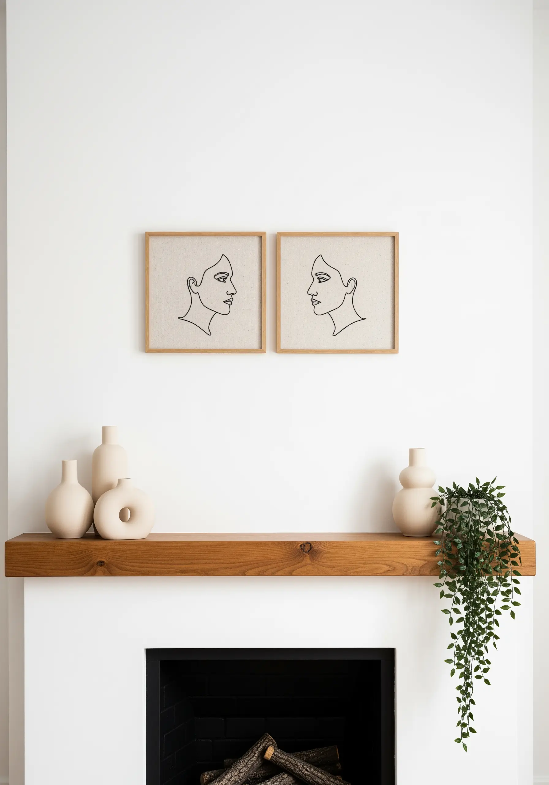 A diptych of two framed embroideries, each showing a minimalist face profile.