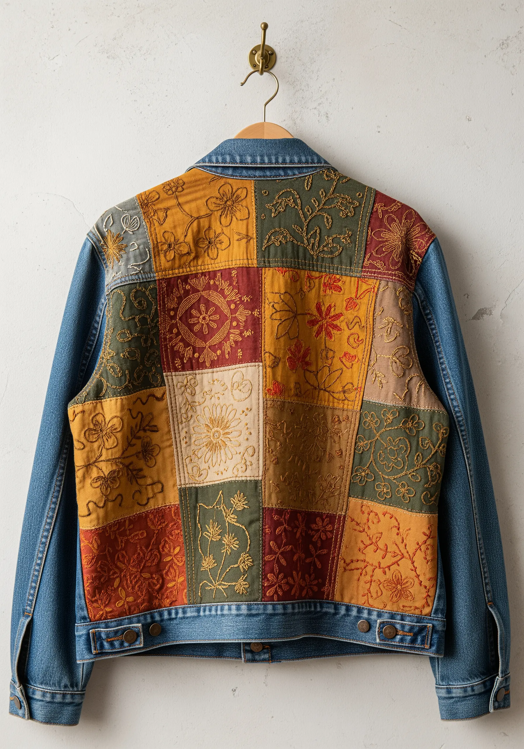 Back of a denim jacket featuring a large patchwork panel with tonal embroidery.