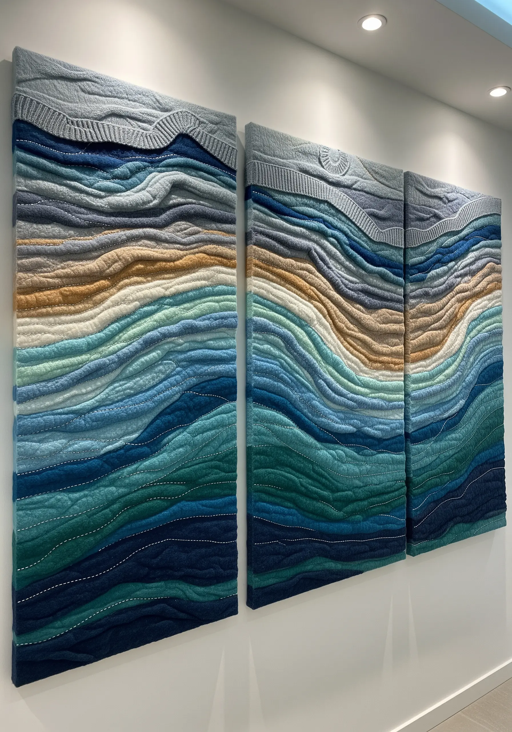 A triptych of wall art depicting an abstract seascape made from layered and quilted sweaters.