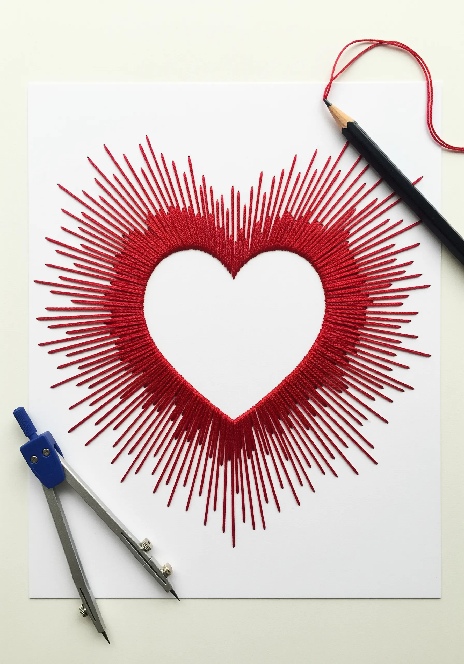 A heart shape defined by negative space, with red threads radiating outwards.