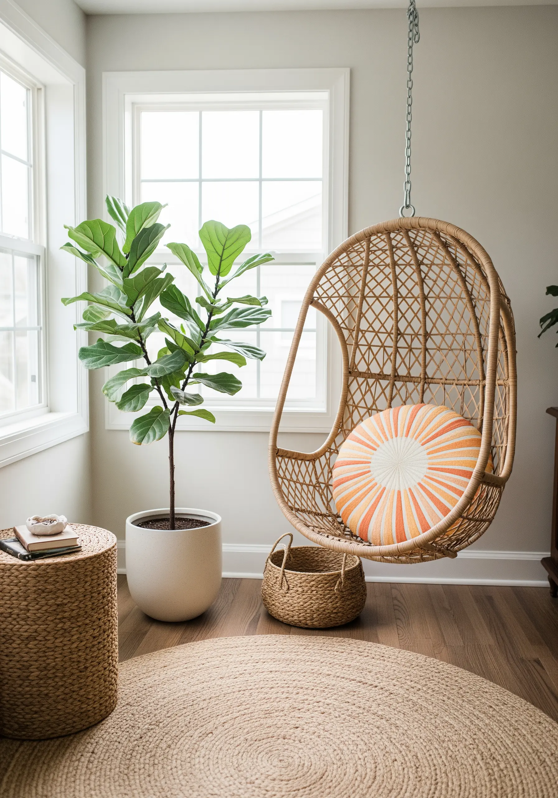 A round pillow in a hanging chair, embroidered with a sunburst gradient of orange and cream.