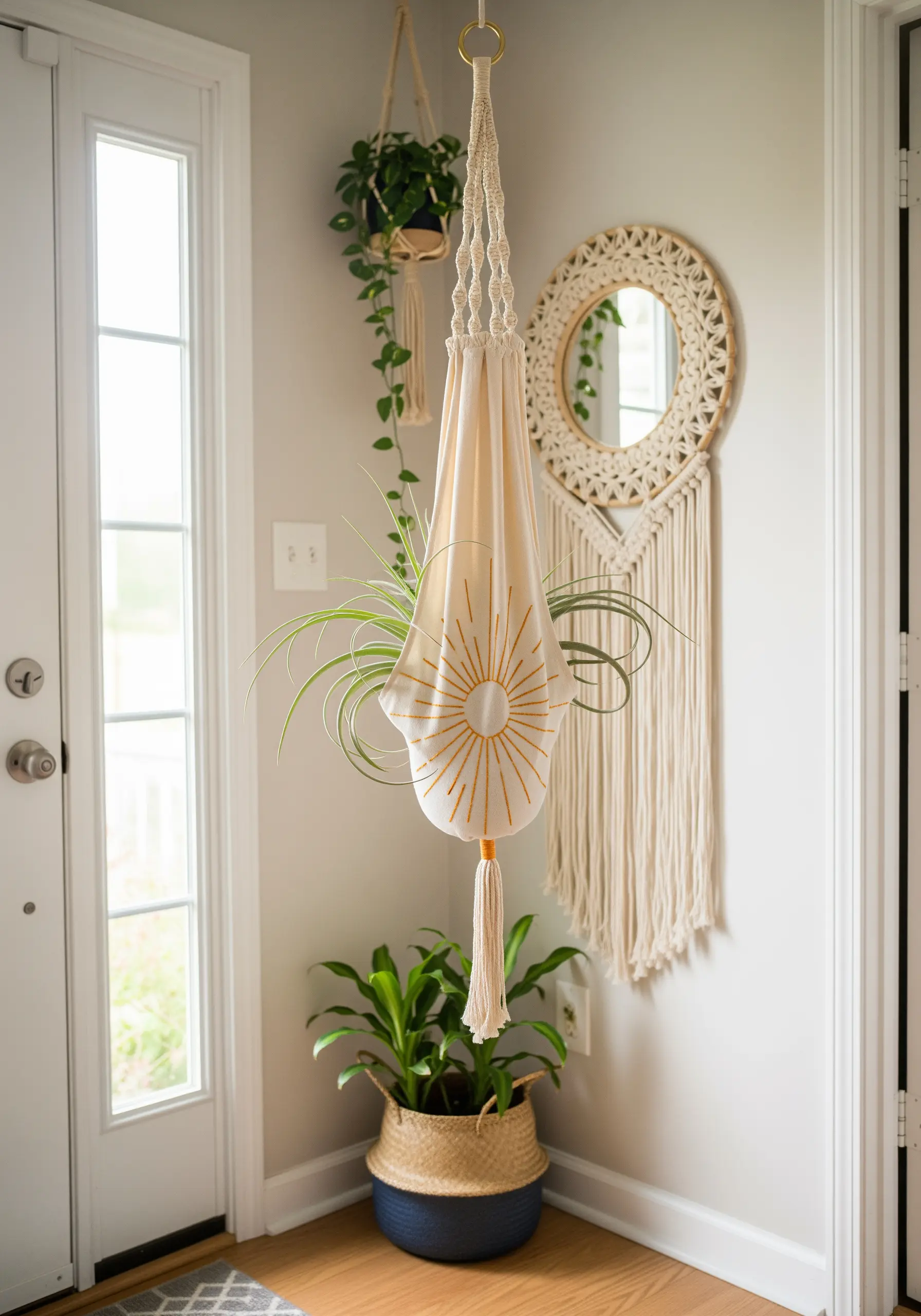 A sunburst motif made with radiating gold straight stitches on a cream plant hanger.