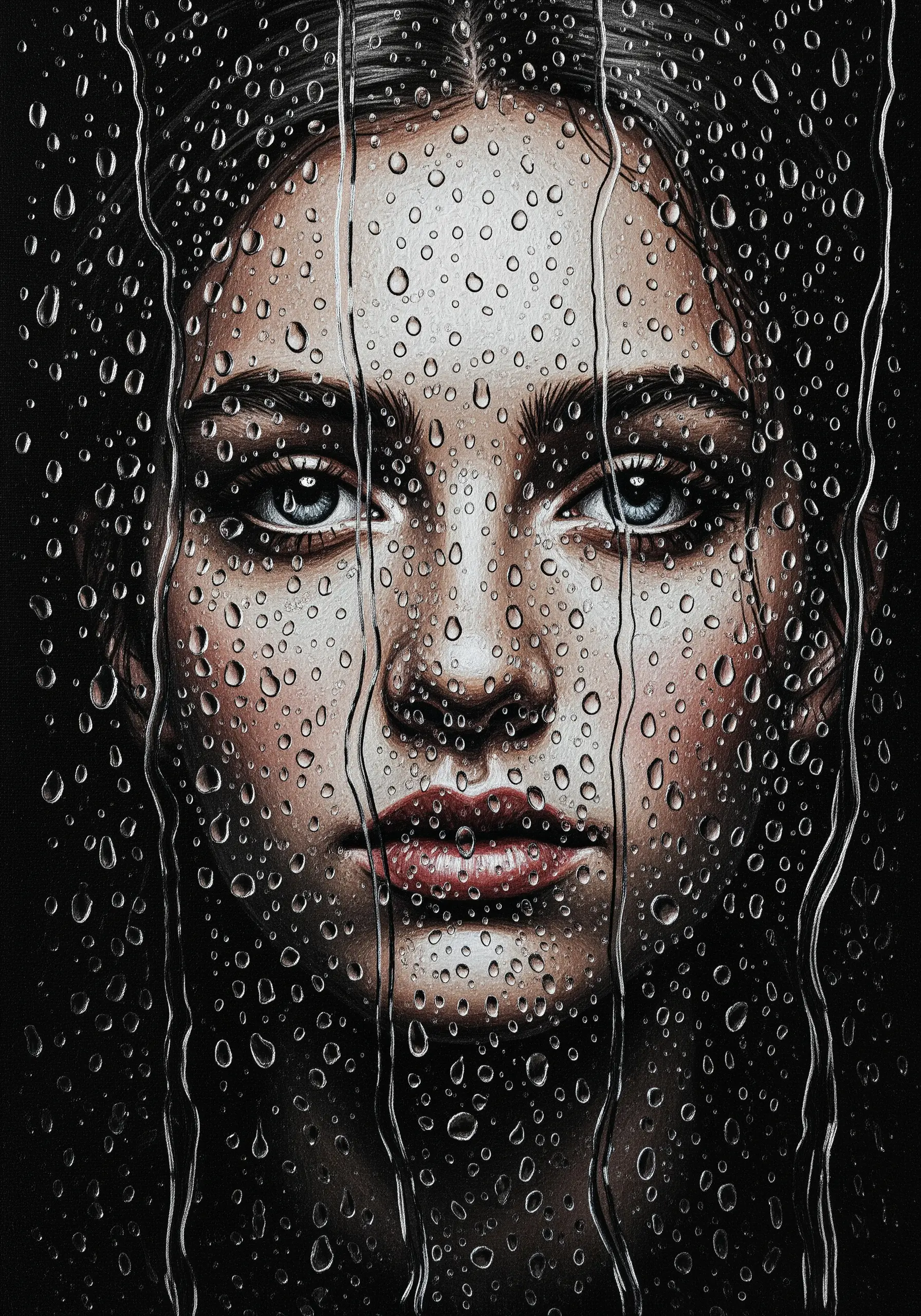 Embroidered portrait of a woman's face seen through a window covered in realistic raindrops.